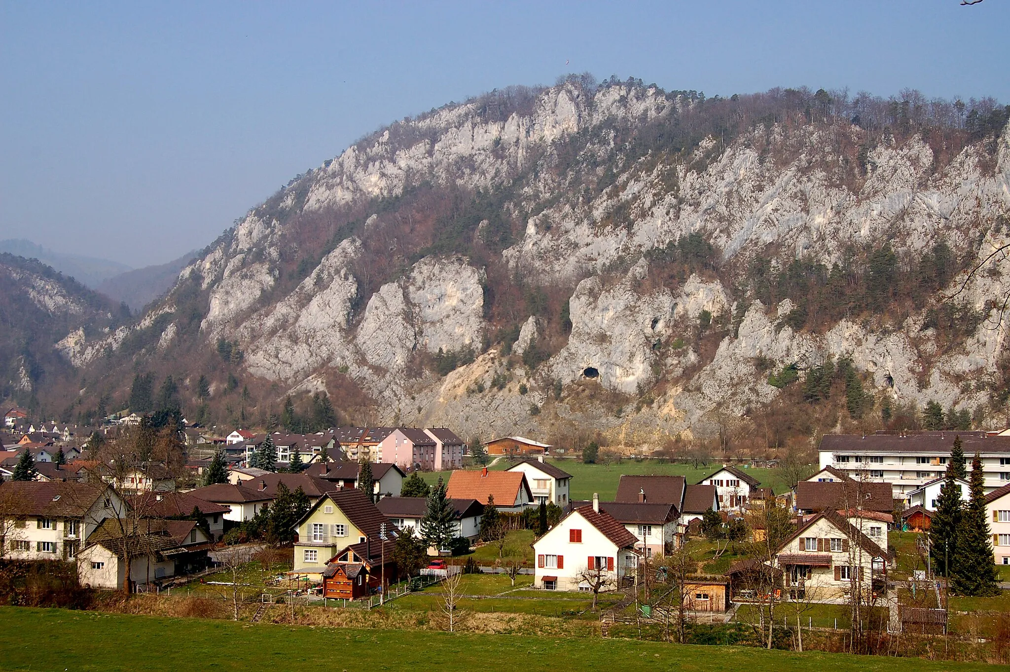 Photo showing: View over the eastern part of Balsthal to the rocky slope with the 19 ha large, nationally important dry grassland Holzflue