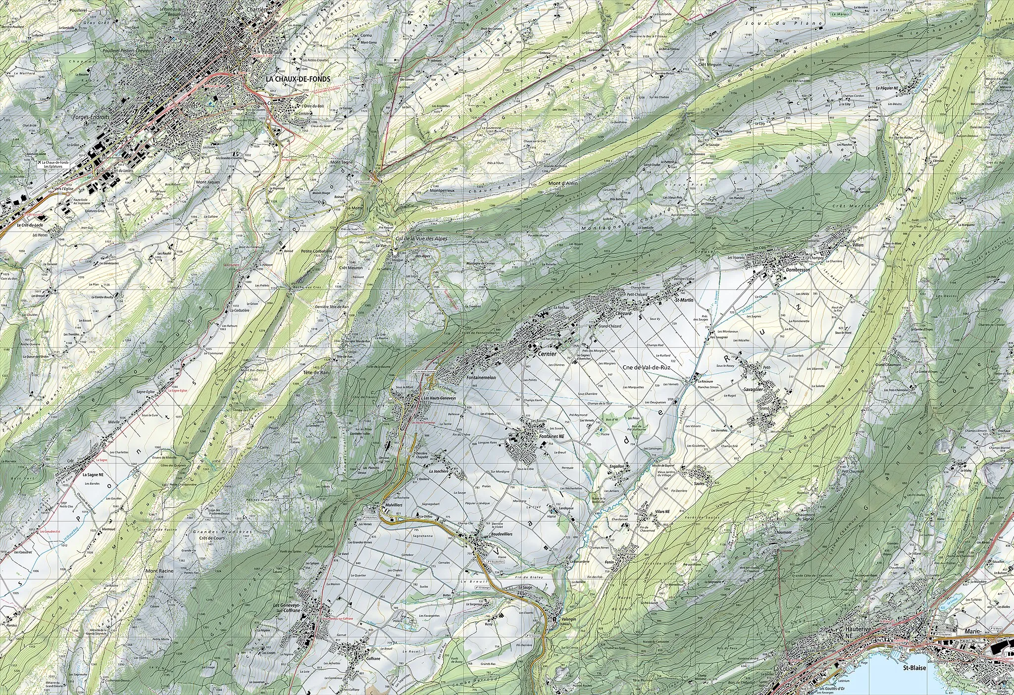 Photo showing: National Map of Switzerland 1:25'000, sheet 1144 Val de Ruz. Nota bene: this is compressed JPEG version of the original TIFF file. The map can be also consulted on the geographical portal.