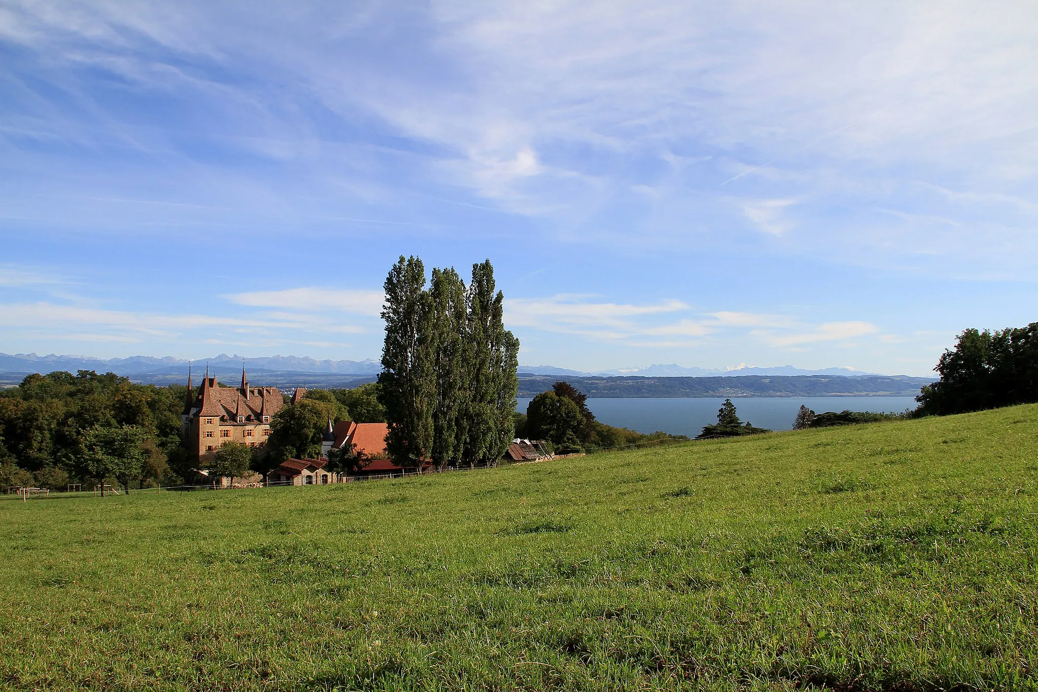 Photo showing: Château de Gorgier in front of the Alps.