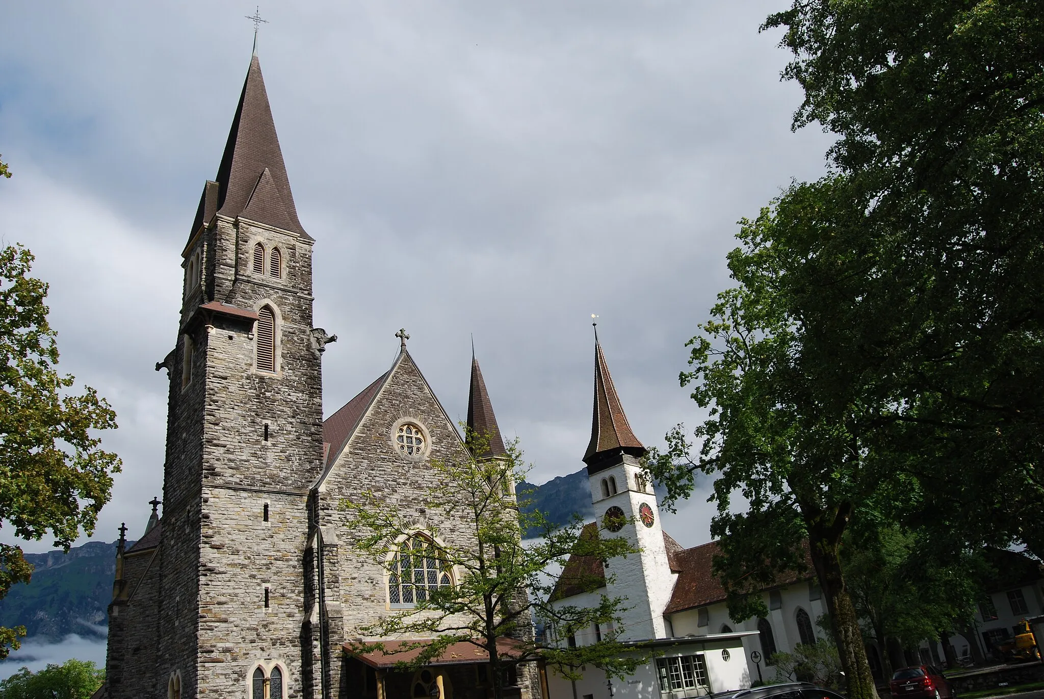 Photo showing: Catholic and protestant church of Interlaken, canton of Bern, Switzerland