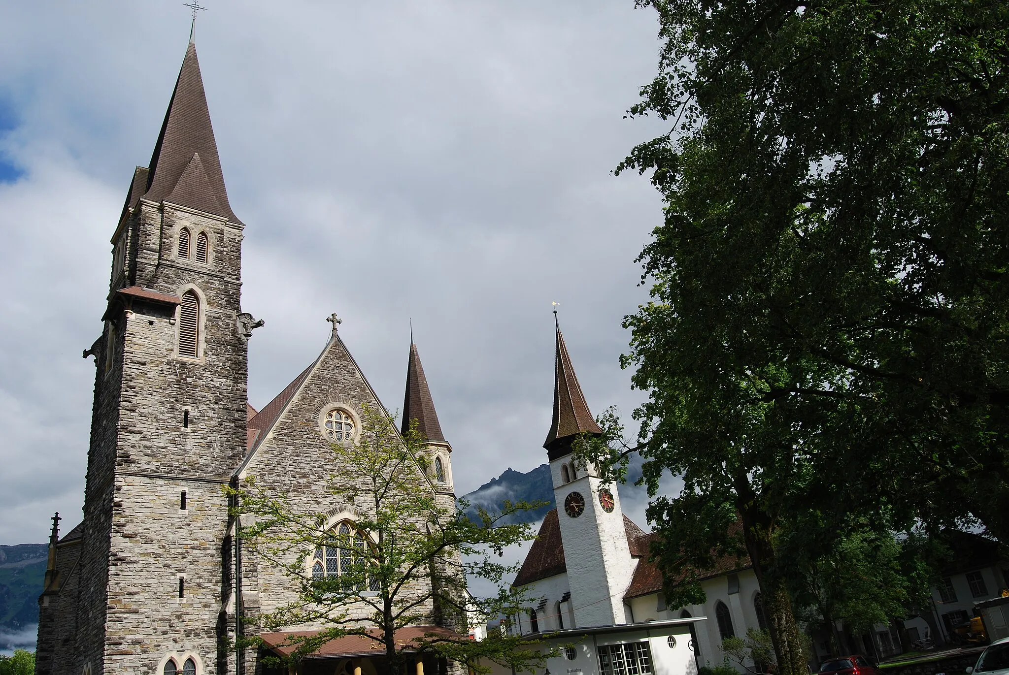 Photo showing: Catholic and protestant church of Interlaken, canton of Bern, Switzerland