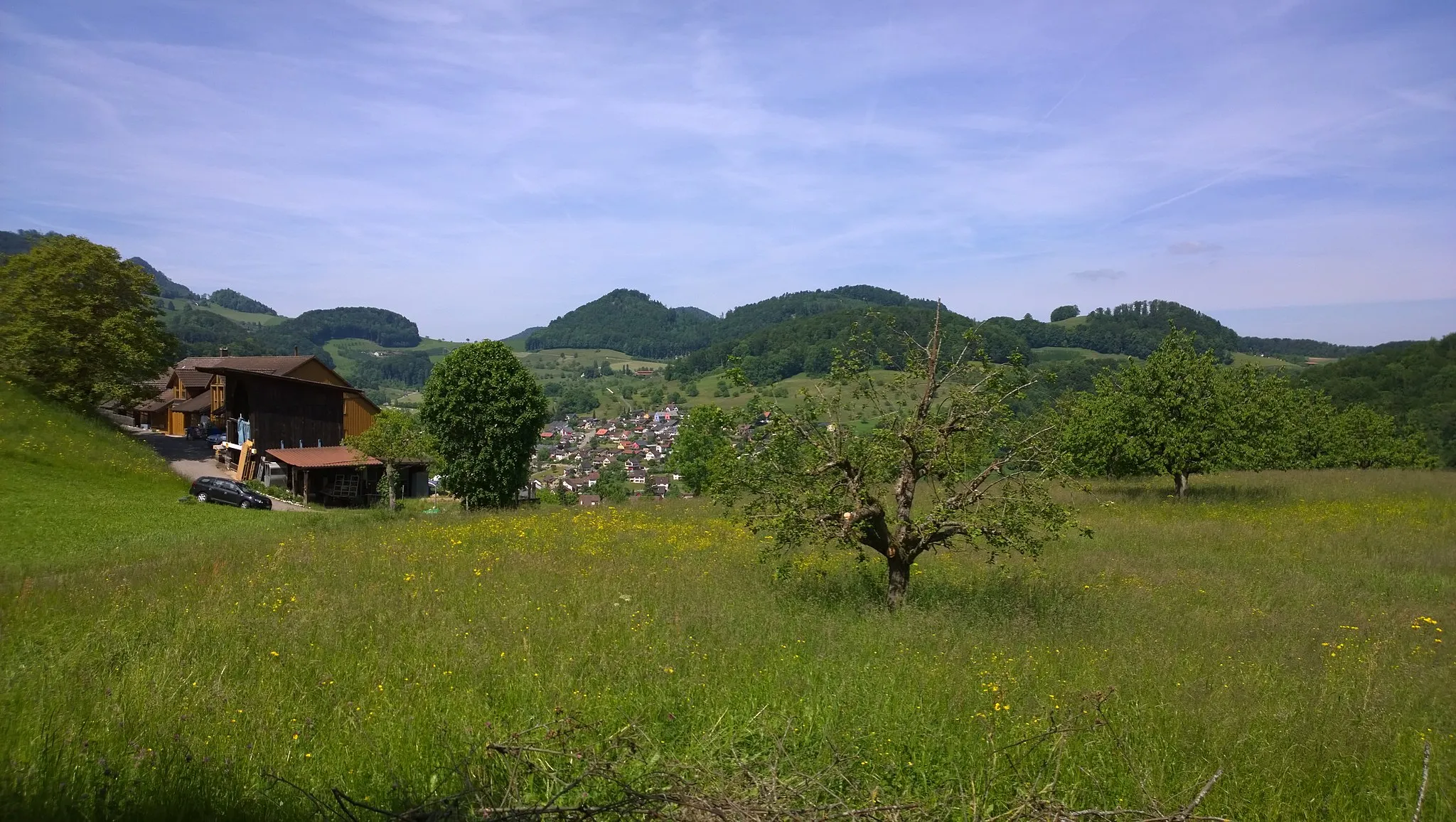Photo showing: The municipality of Reigoldswil from a nearby hill, taken in May 2015.