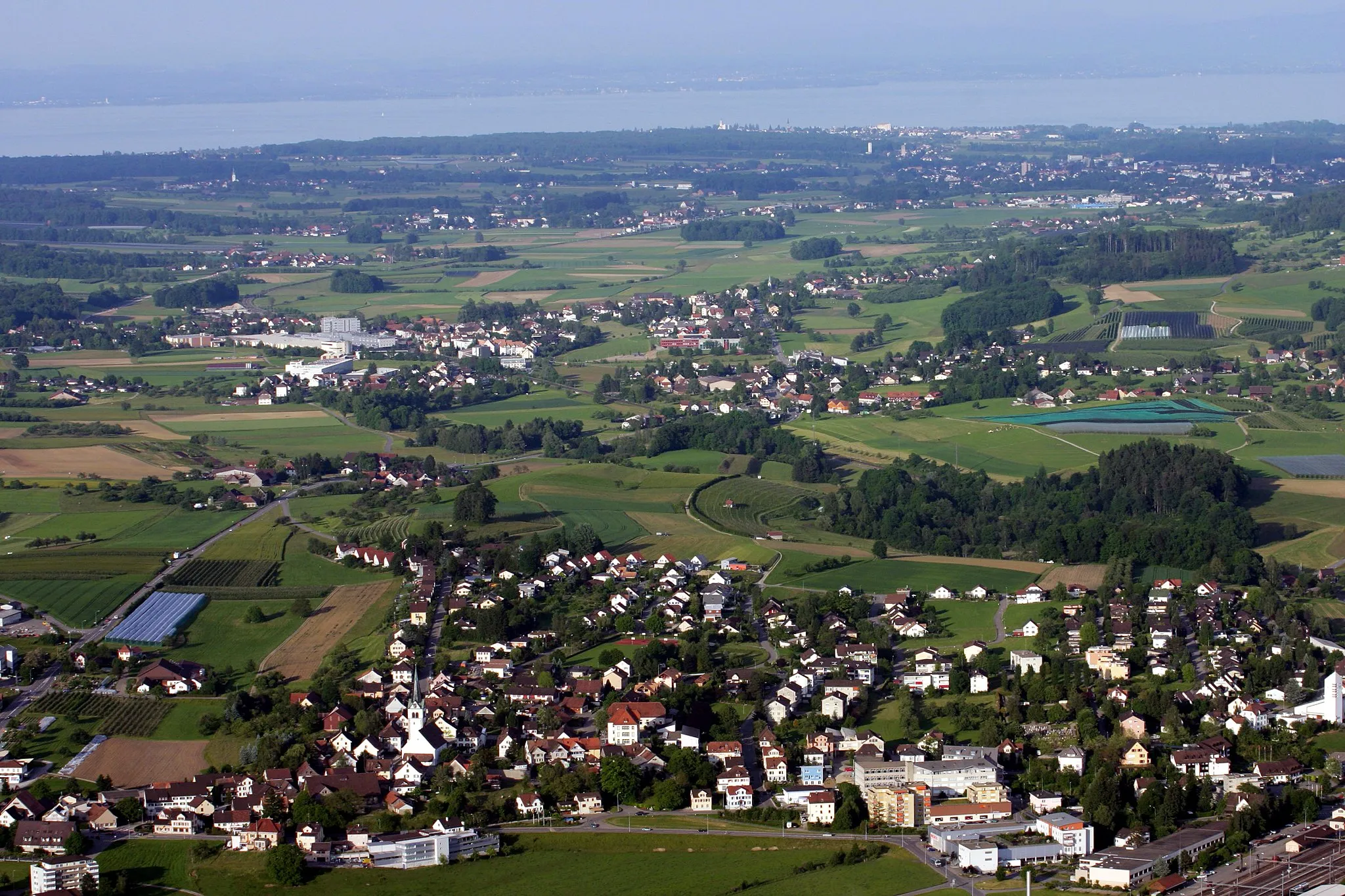 Photo showing: Sulgen im Vordergrund, Erlen in der Bildmitte und Romanshorn am Bodensee in der rechten Bildhälfte im Hintergrund - Kanton Thurgau, Schweiz