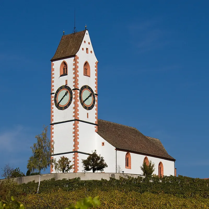 Photo showing: Die aus dem Jahre 1491 stammende Bergkirche St.Moritz in Hallau