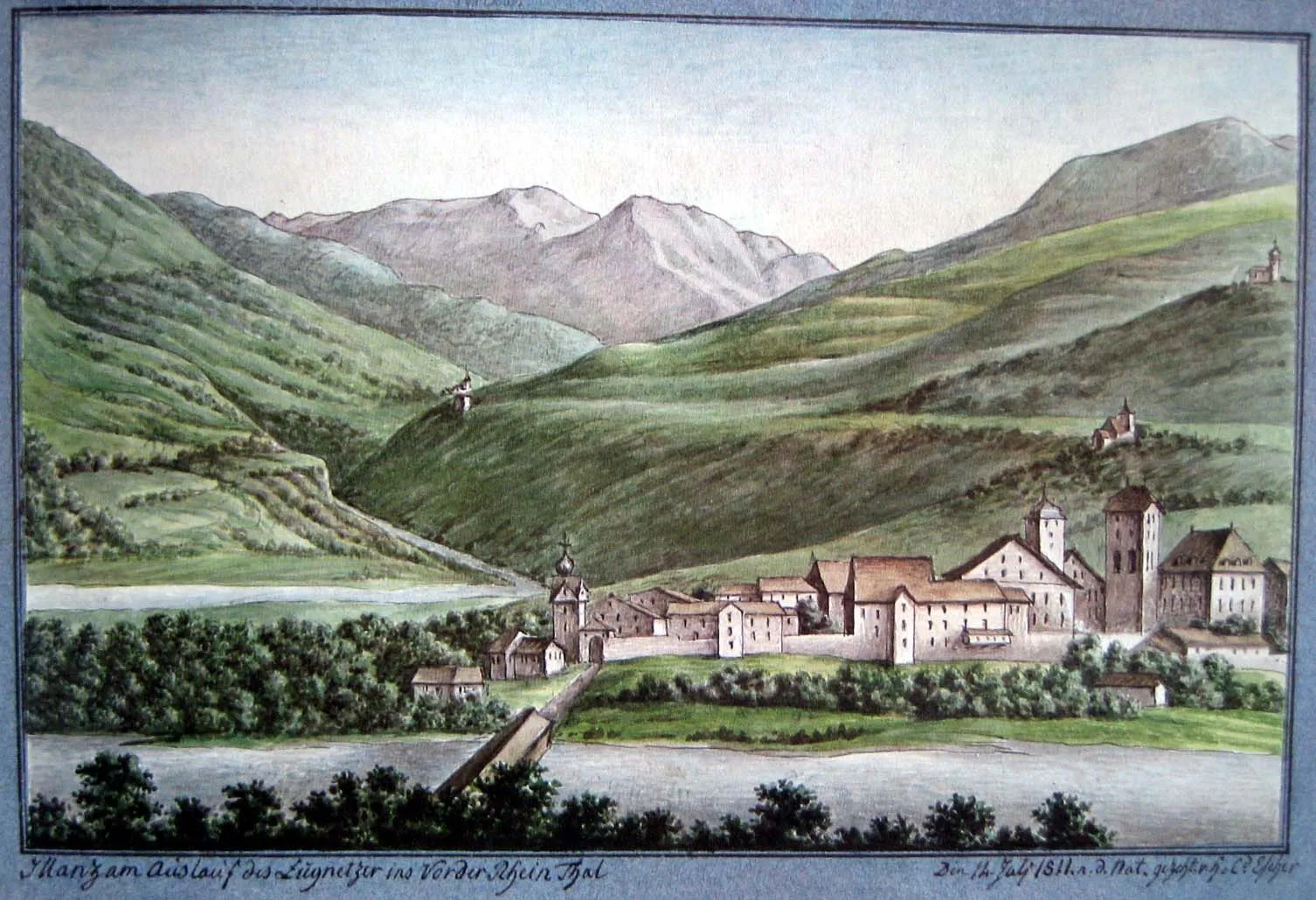 Photo showing: Ilanz am 14. Juli 1811, Aquarell von Hans C. Escher von der Linth