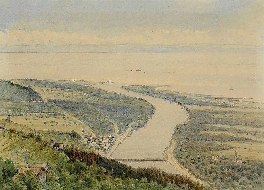 Photo showing: Blick von der Höhe auf die Rheinmündung, Rheineck und den Bodensee, Pencil and watercolours, 19 × 26,5 cm.