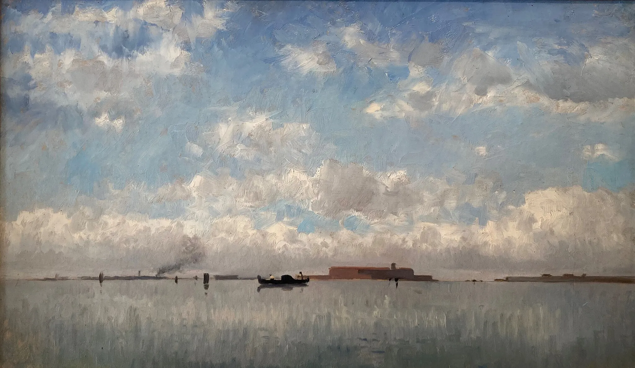 Photo showing: Painting from Swiss painter Auguste Veillon (1834-1890) called "Lagune à Venise" ("Lagoon in Venice"). It was painted 1871 or later and is part of a private collection. It was exhibited at the Musée d'art de Pully, Switzerland, during an exhibit called "Auguste Veillon / Voyages au fil de l’eau" (from 10 March to 18 June 2023).