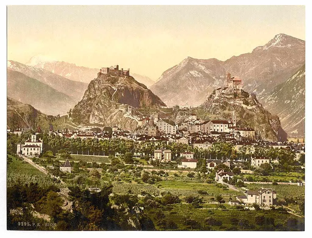Photo showing: Sion/Sitten in Valais/Wallis, Switzerland. 19th century postcard, general view, 19th century