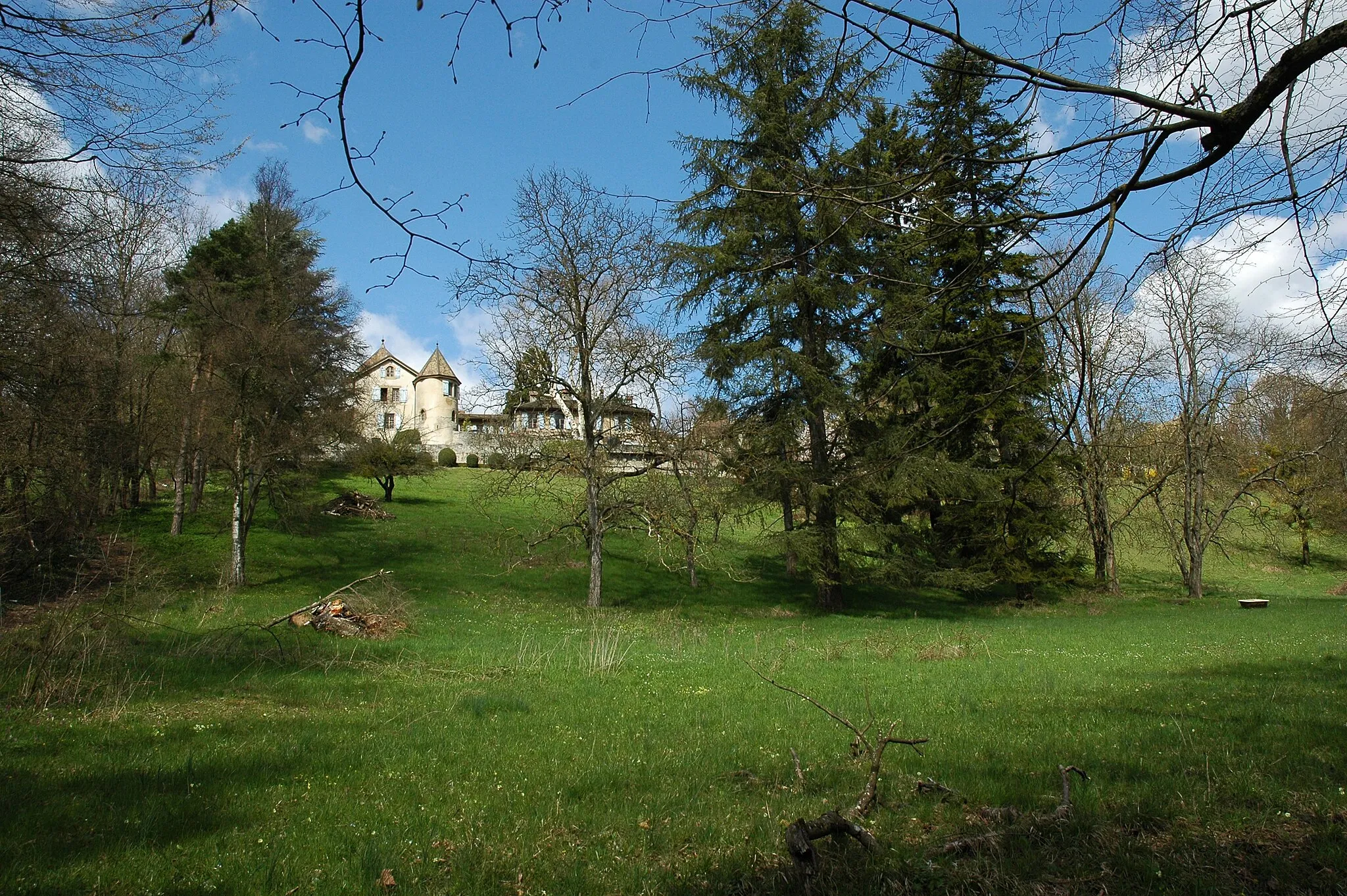 Photo showing: Castle of Aïre seen from the path near the Rhône River.