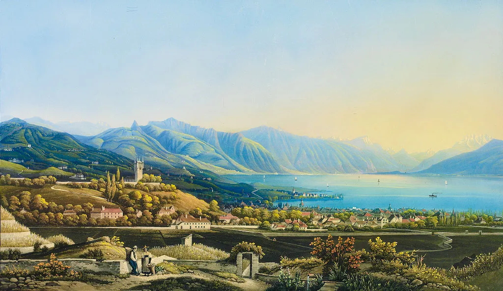 Photo showing: Johann Ludwig Bleuler (1792–1850): Blick auf Vevey am Genfer See. Gouache. 34 x 58,5 cm