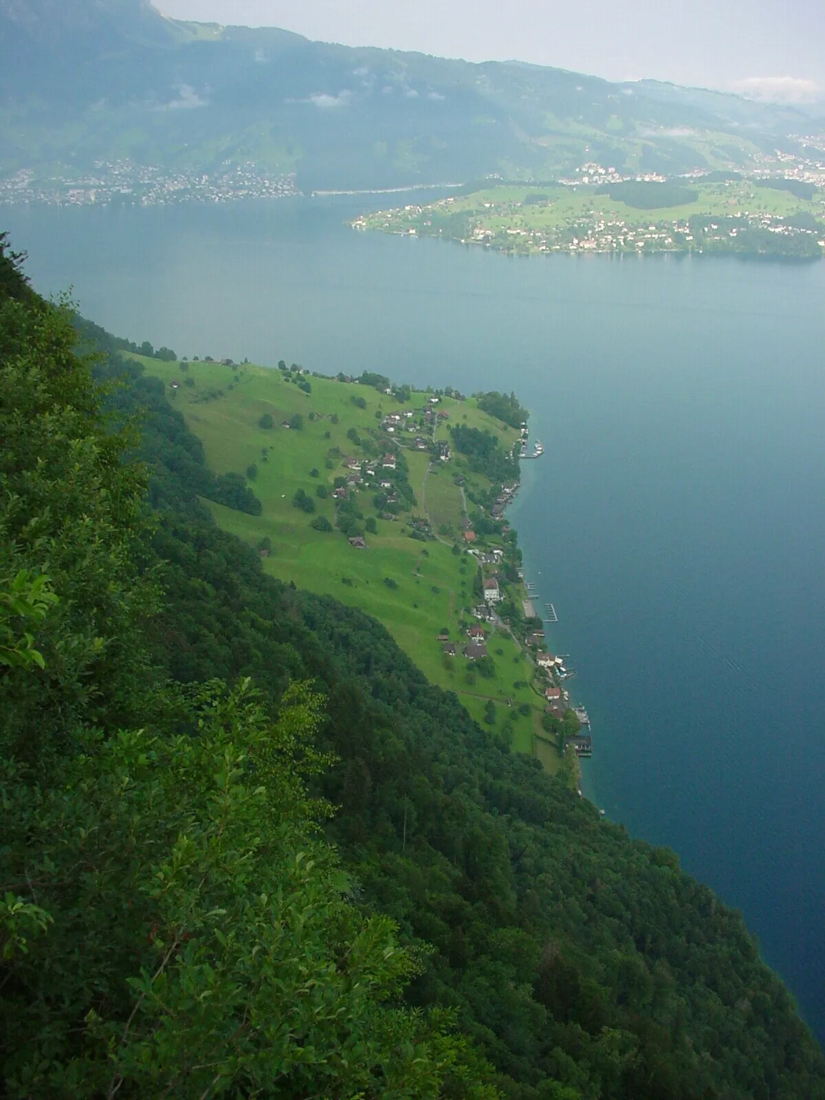 Photo showing: Blick vom Bürgenstock auf den Vierwaldstättersee. Im Hintergrund erkennt man Hergiswil NW, rechts auf der Halbinsel Kastanienbaum und unten am Bürgenstock-Ufer Kehrsiten