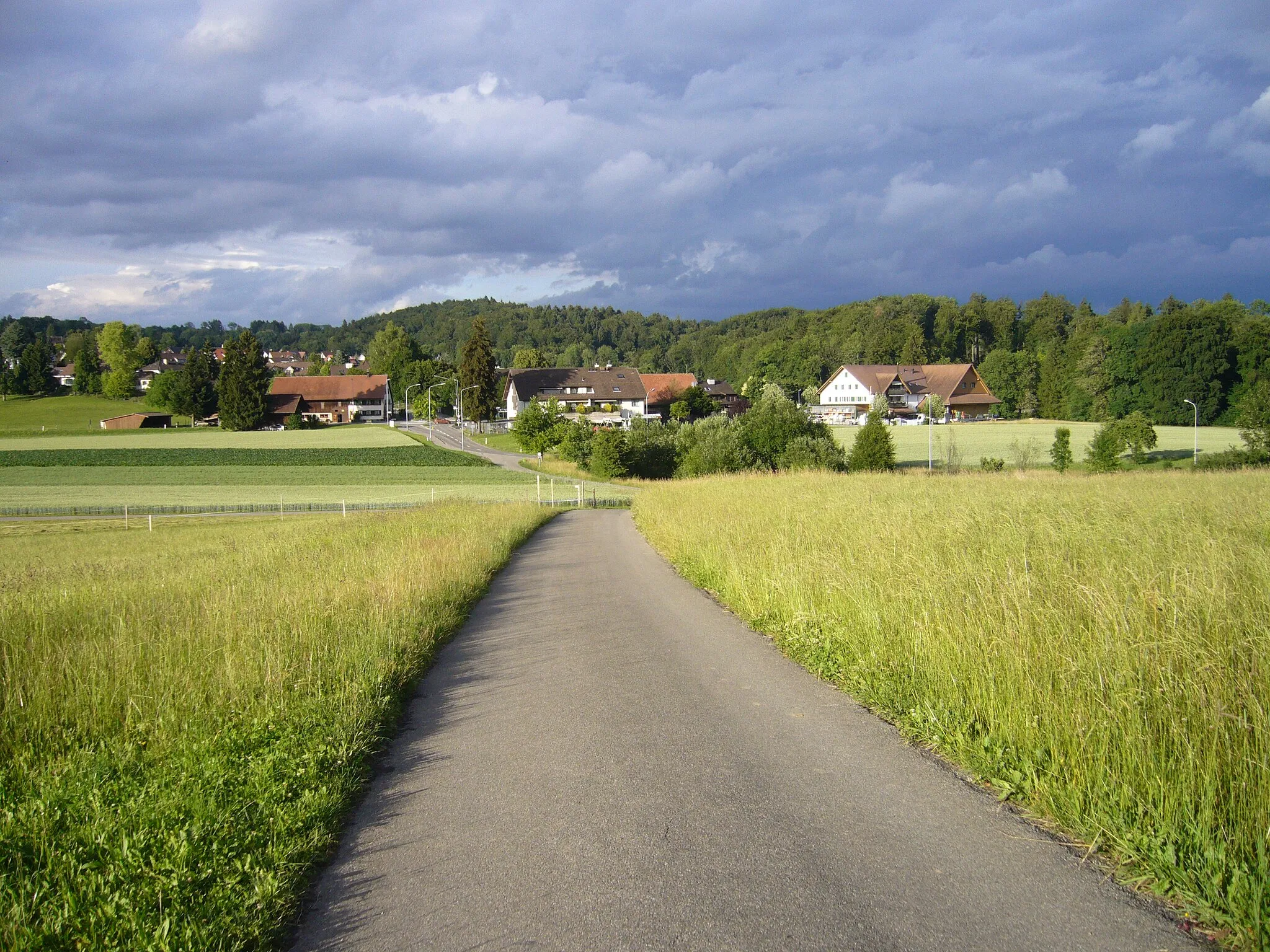 Photo showing: Blick von Westsüdwest auf Häuser an der Kreuzstraß zu Birchwyl.