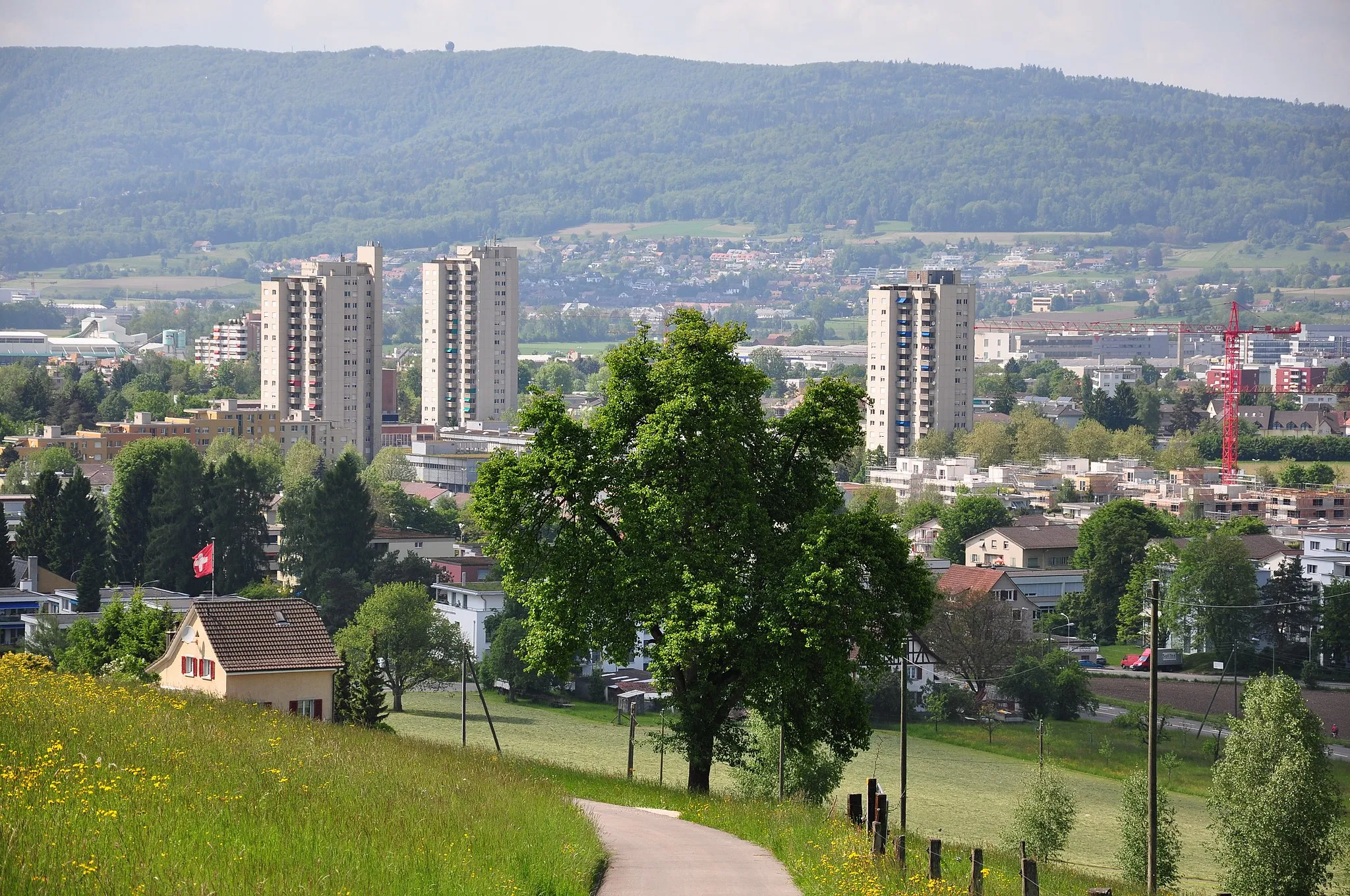 Photo showing: Regensdorf (Switzerland) as seen from Geissberg nearby Gubrist, Lägern in the background.