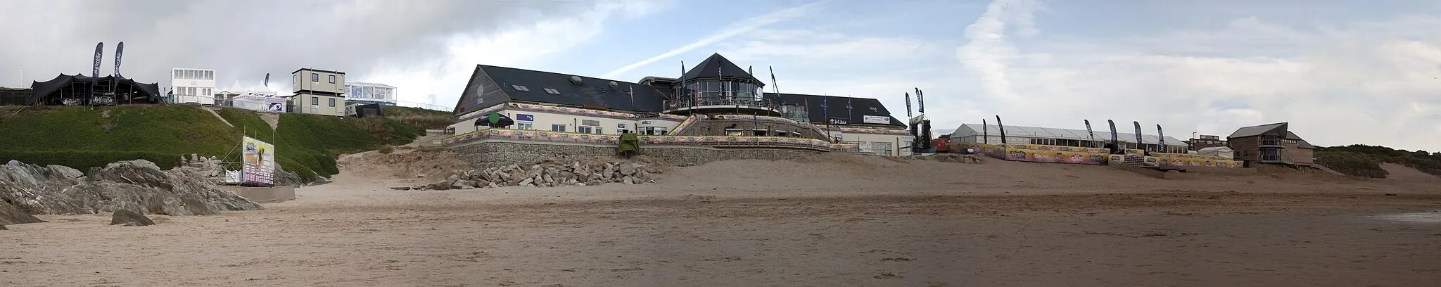Photo showing: Fistral Beach showing the beach bar setup ready for the 2010 Boardmasters Festival
