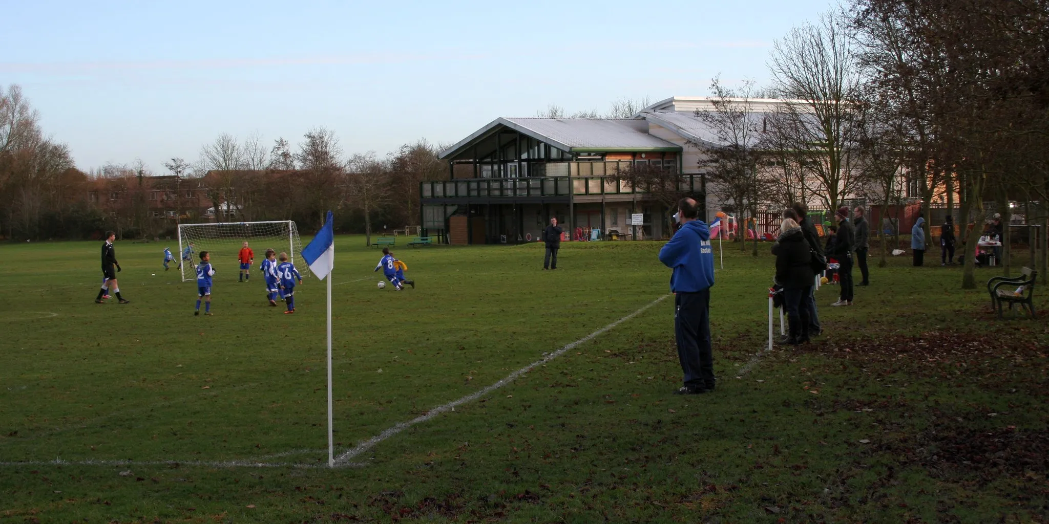 Photo showing: Bar Hill village hall and football field in December 2013.