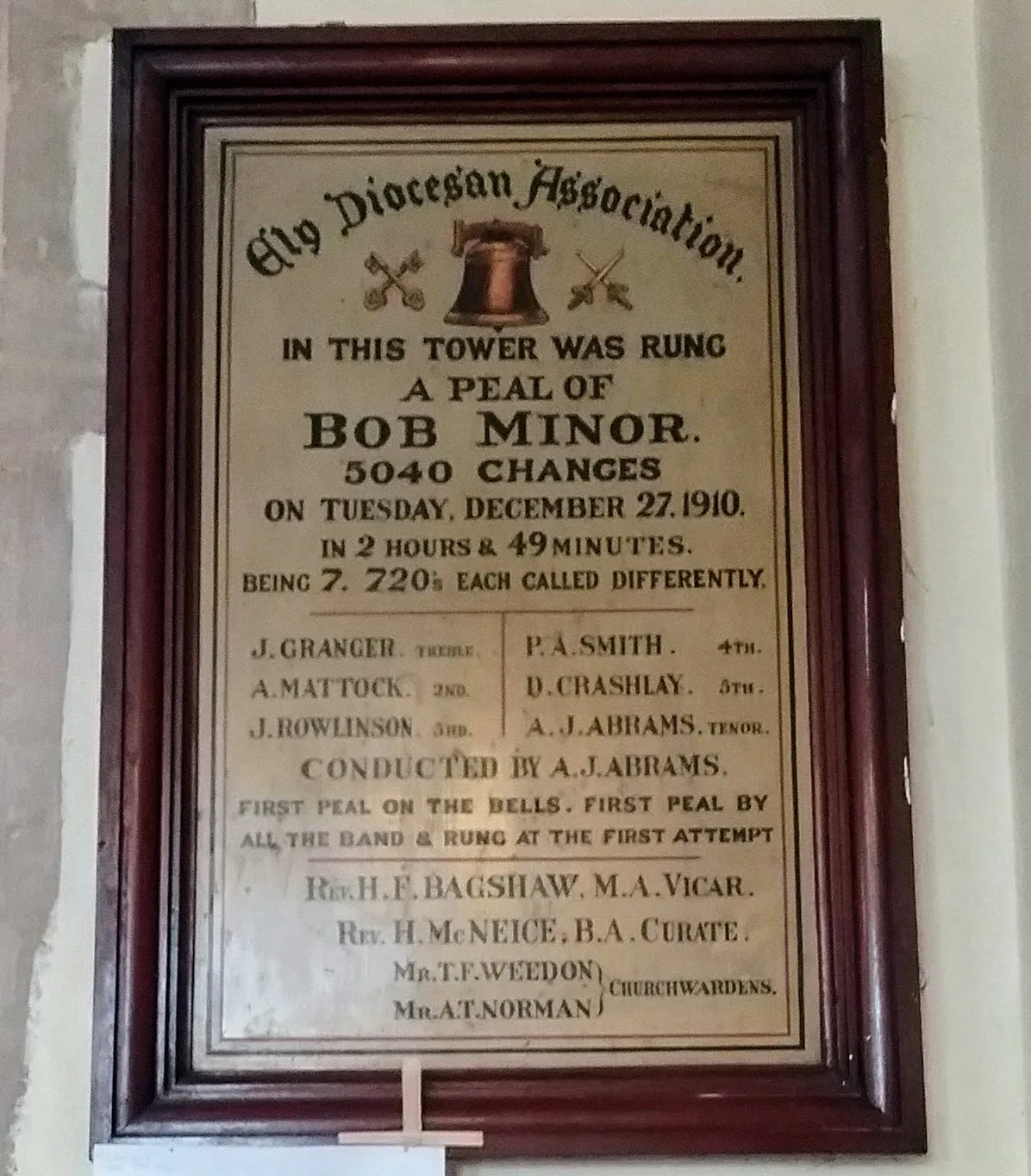 Photo showing: Plaque commemorating the ringing of a peal of Bob Minor in 1910 in SS Peter and Paul parish church, Chatteris, Cambridgeshire