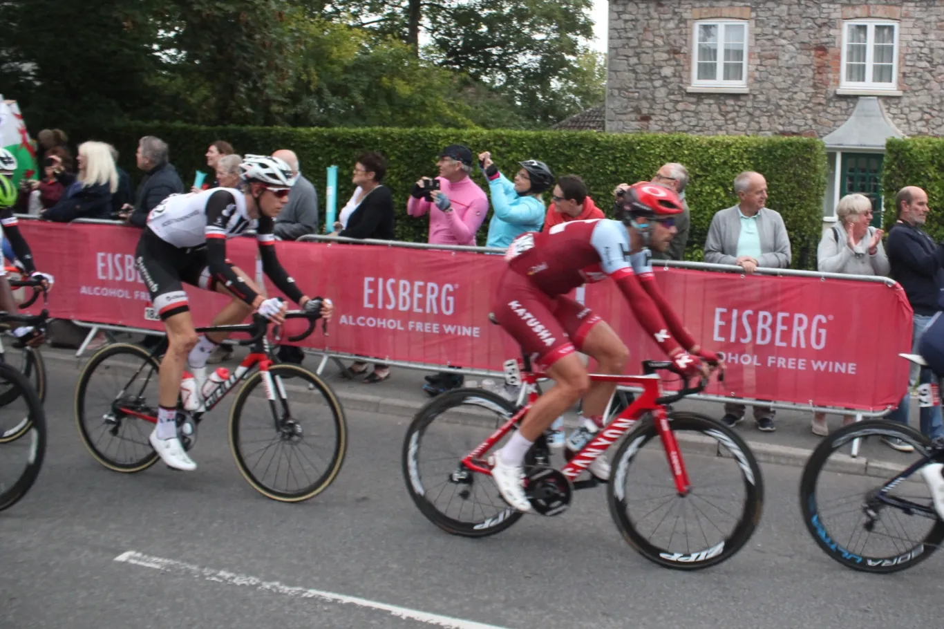 Photo showing: Katusha-Alpecin's Rick Zabel and Sunweb's Nils Eekhoff sprint through Yatton in Somerset on the third stage of the 2018 Tour of Britain.