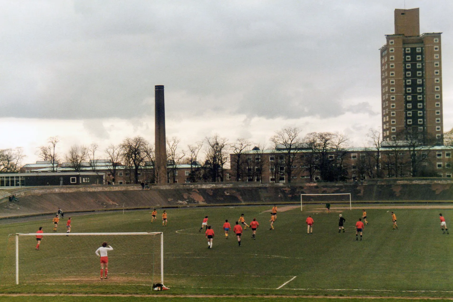 Photo showing: Manchester students kicking off a match at Fallowfield Stadium in 1985.