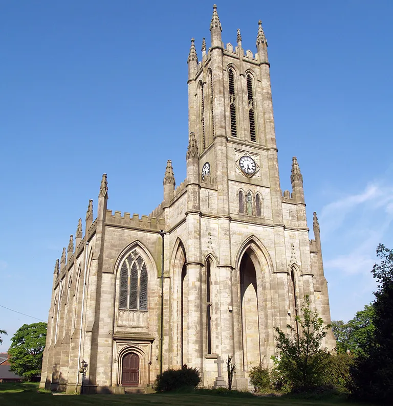 Photo showing: All Saints' parish church, Church Lane, Whitefield, Greater Manchester, England, seen from the southwest