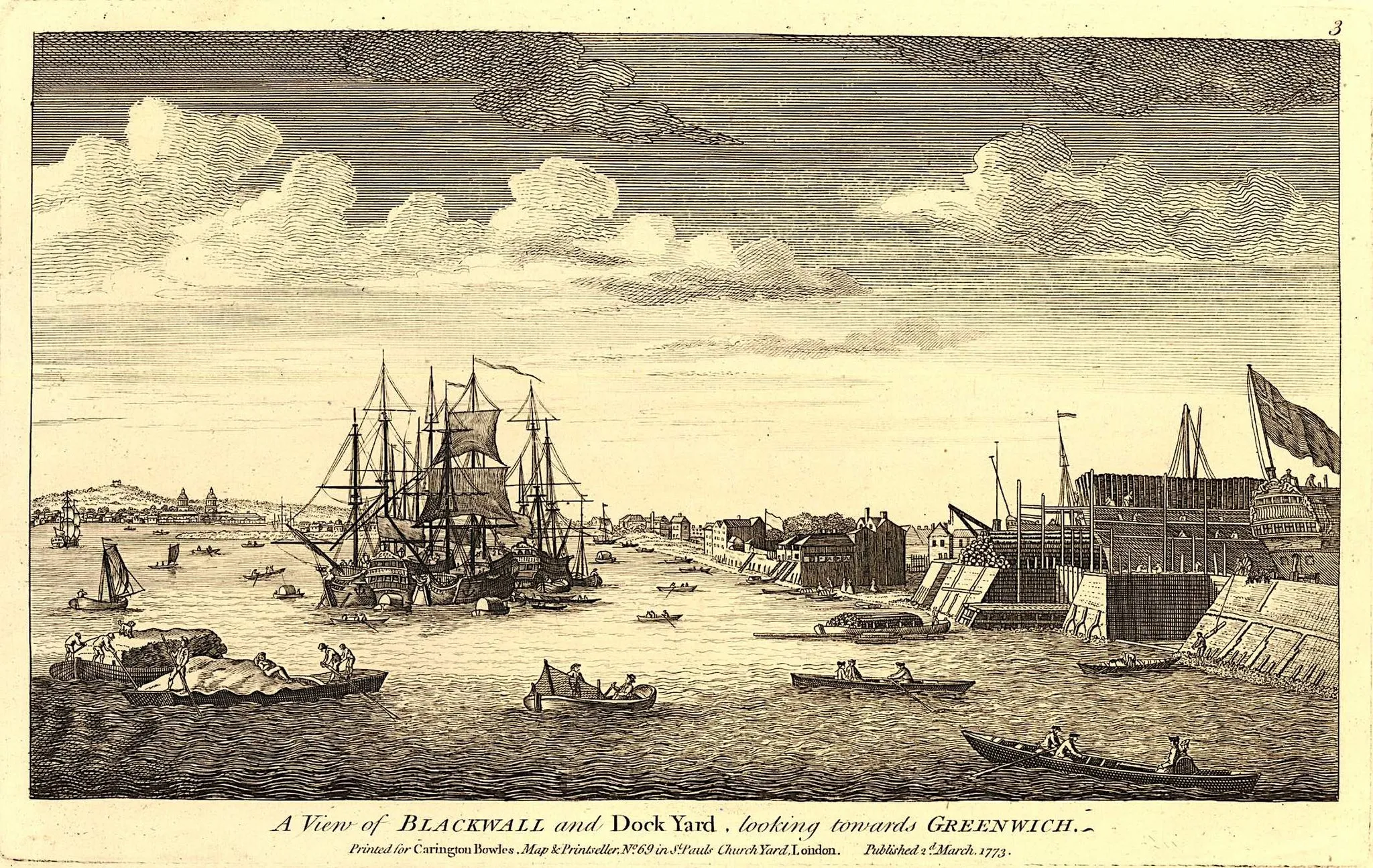 Photo showing: A View of Blackwall and Dock Yard, looking towards Greenwich.  Etching and engraving.
Blackwall Yard was famous for building East Indiamen, which vessels were often called Blackwallers.  Built in 1614, it was the first wet dock in the port of London.