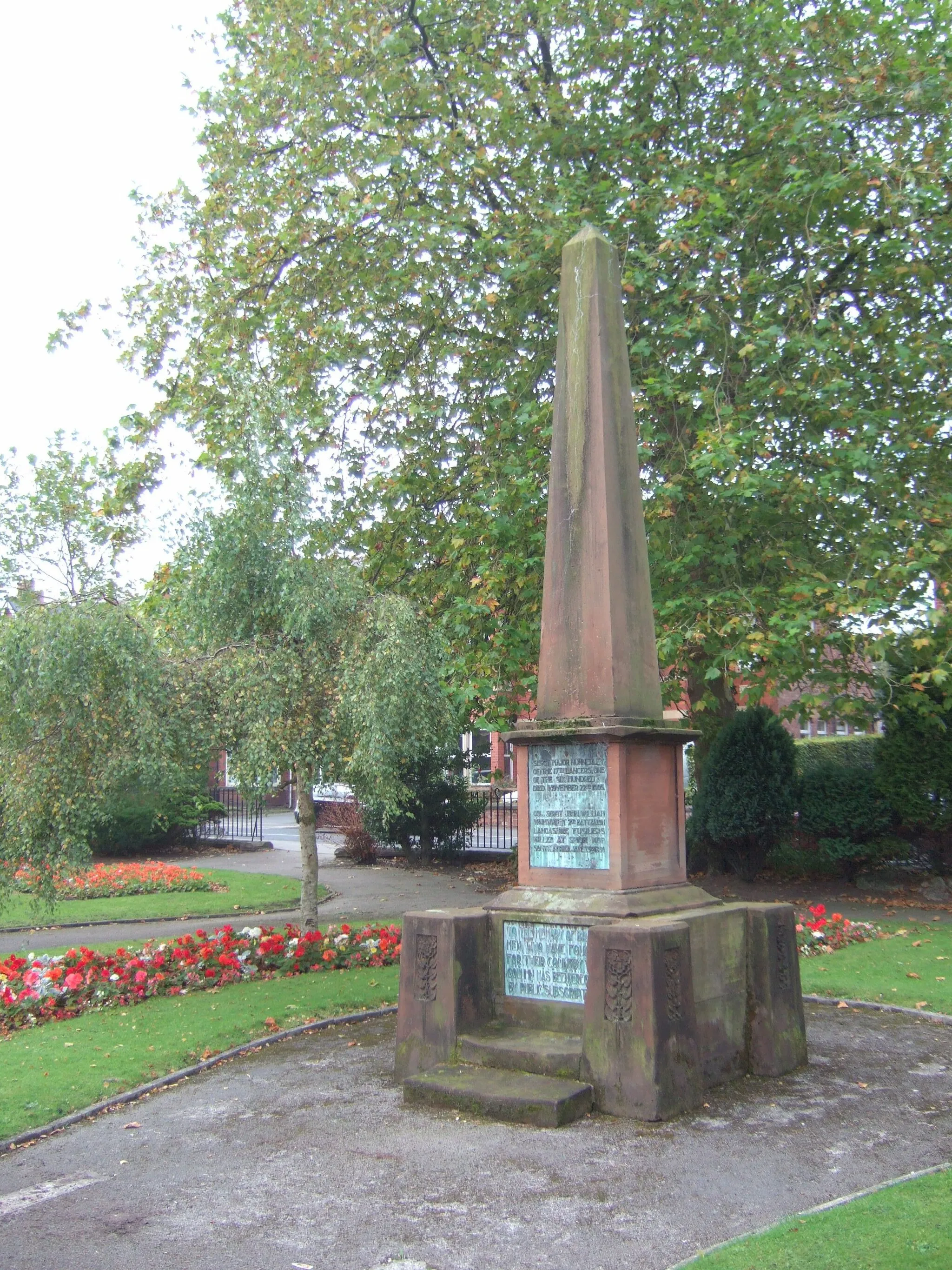Photo showing: Memorial to Sergeant Major Nunnerley in Victoria Gardens, Ormskirk, Lancashire. A local hero, Nunnerley participated in and survived the Charge of the Light Brigade, before returning to Ormskirk where he ran a draper's shop.