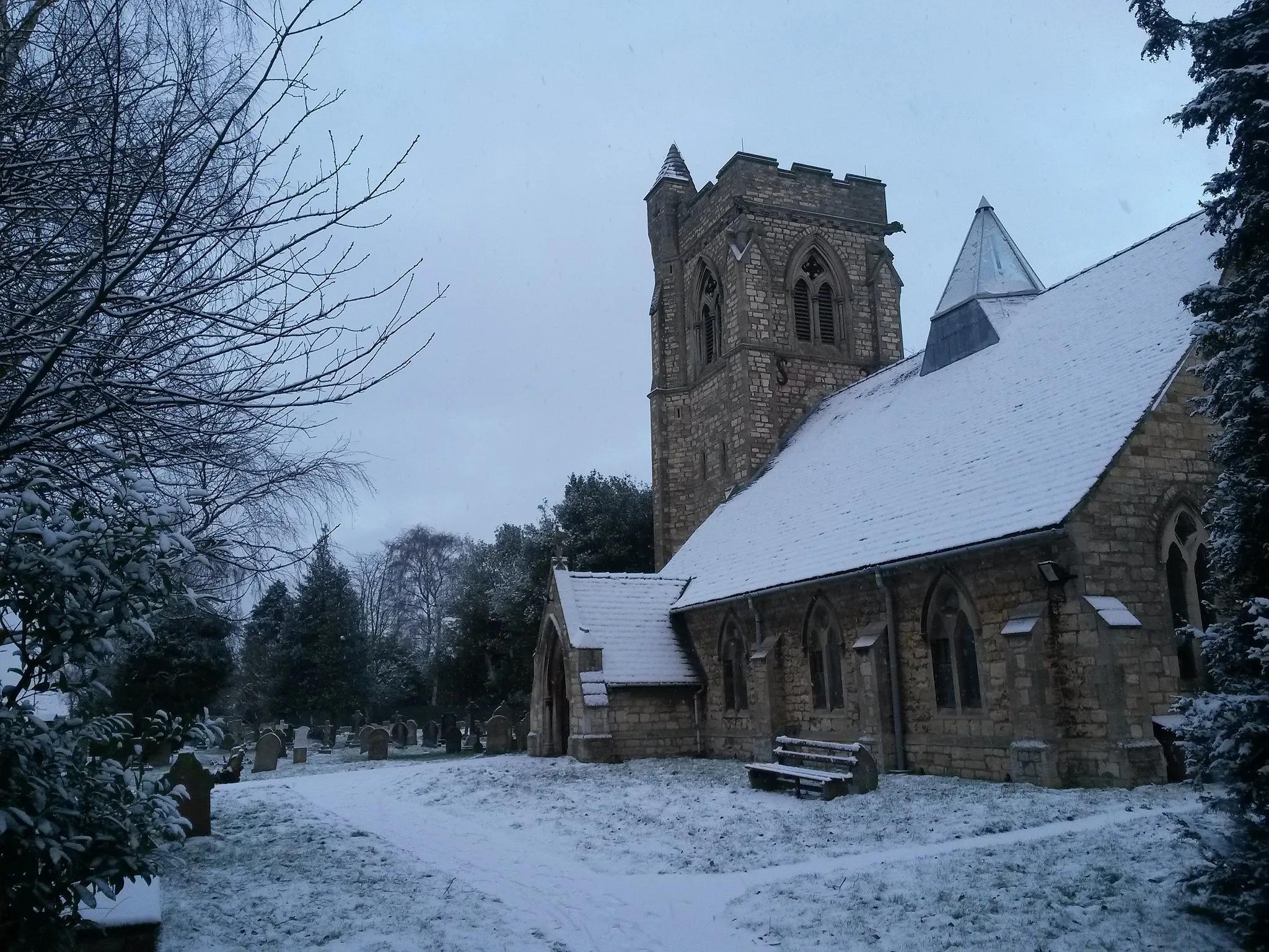 Photo showing: St Lawrence's Church, Skellingthorpe, in the snow. There has been a place of worship on the site of the current church since at least the early 1200s.