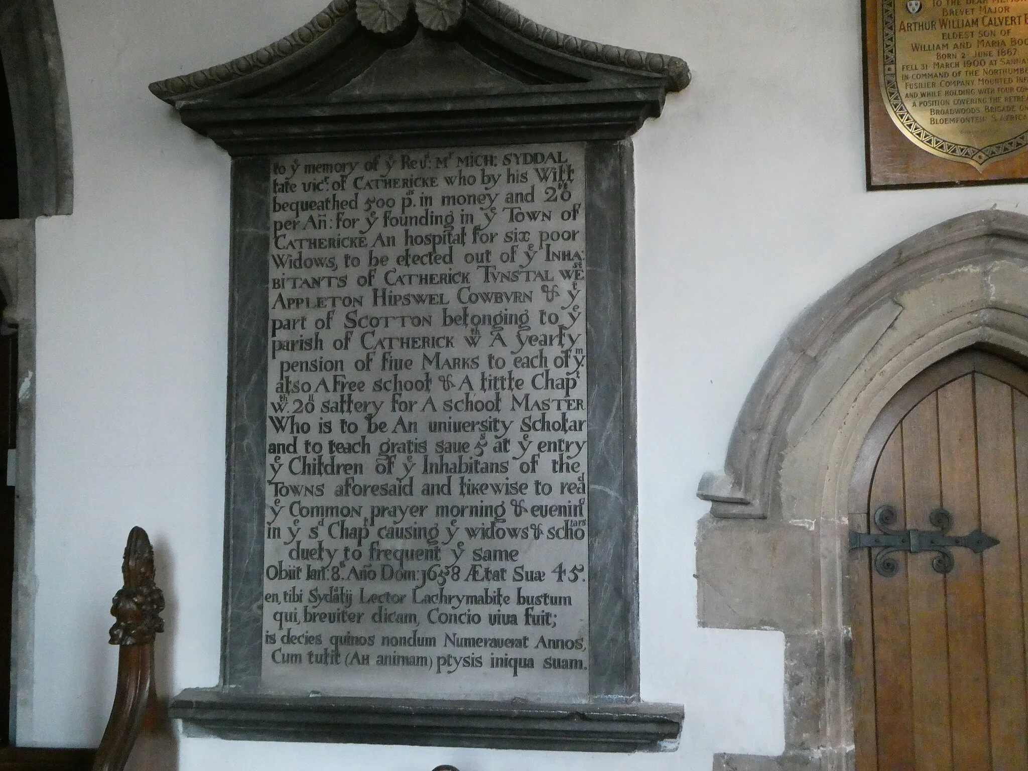 Photo showing: Syddal endowed a hospital and school for Catterick. This is his memorial in St Anne’s, Catterick.