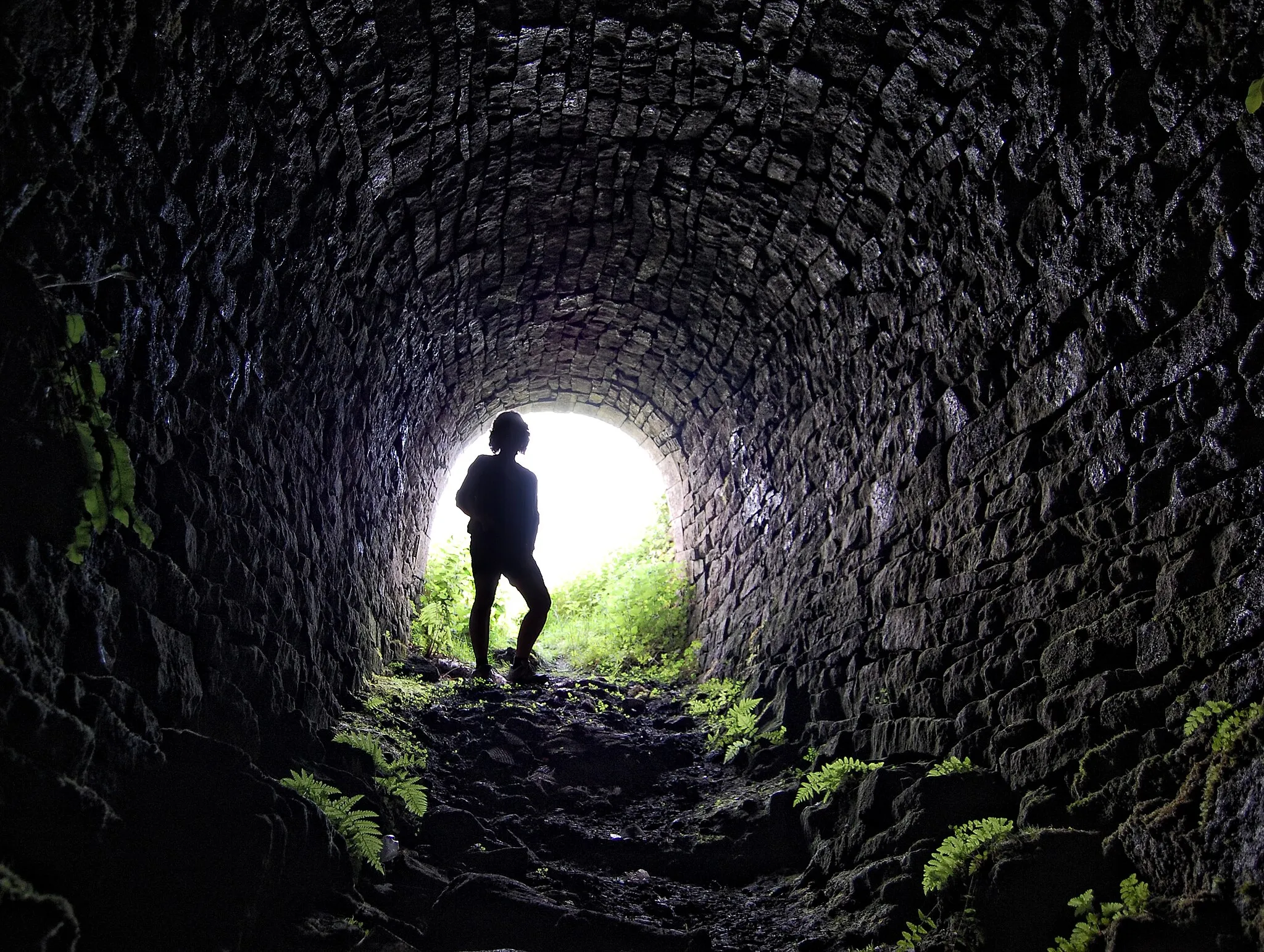 Photo showing: This inclined shaft, part of the Yarnbury mine operations to the north of Grassington, was sunk during 1828 to provide a haulage link to a level some 120 feet below ground. It was named after Captain John Barratt who was the Duke of Devonshire's mine agent at the time. Lead ore, mixed with other minerals, was dug out by hand in the Yarnbury mine and then pulled to the surface in rail-bound mining carts using horses.