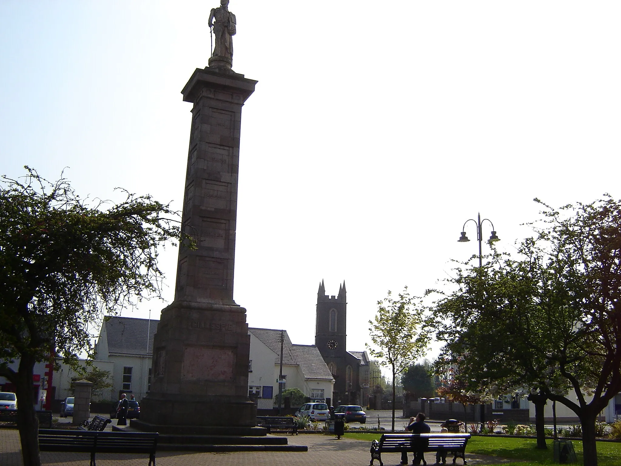 Photo showing: The Square of Comber, Co. Down, with the Statue of Gillespie, and the Parish Church.