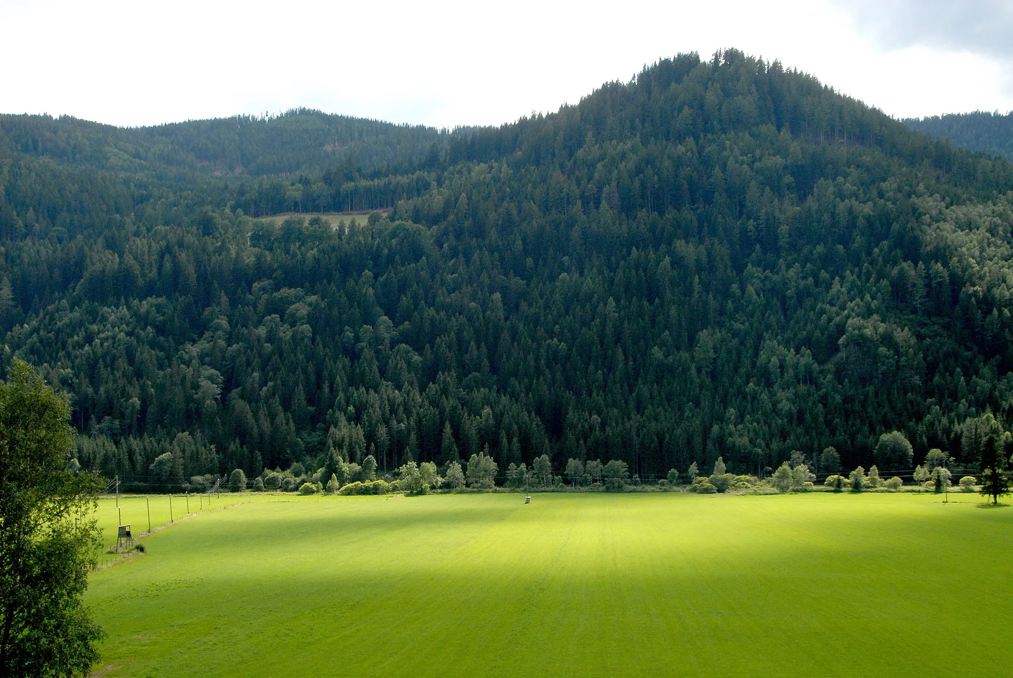 Photo showing: Gloednitz valley with Kaufmannbuehel (rechtsseitig im Glödnitztal; Ausläufer der östlichen Nockberge) in the community of Gloednitz, district Saint Veit on the Glan, Carinthia, Austria