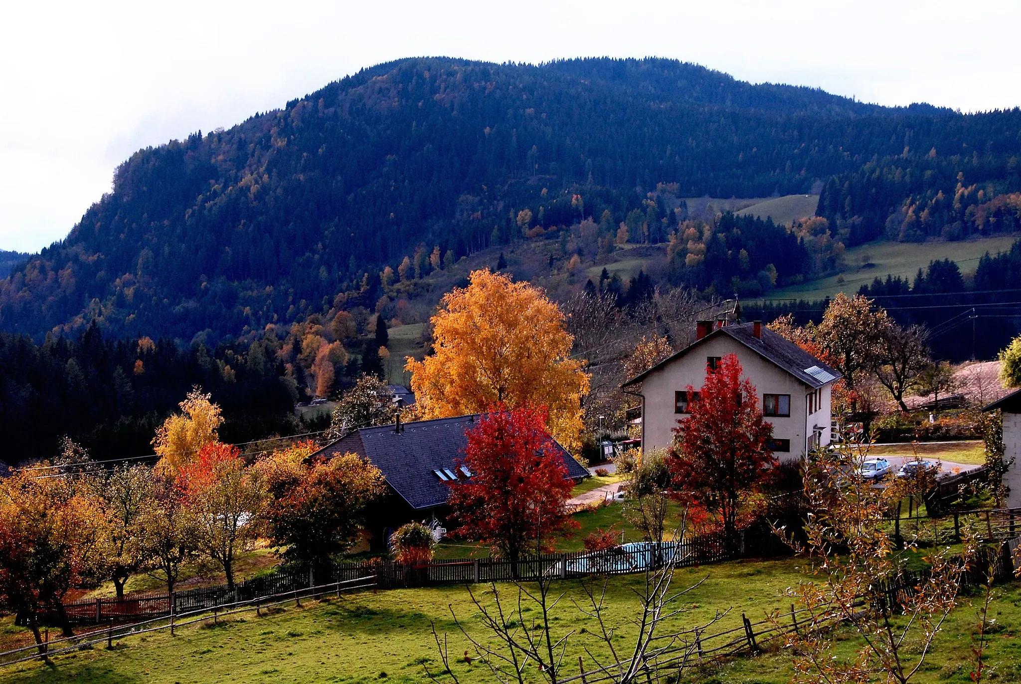 Photo showing: View of the Veitsberg (seen from Gradenegg), market town Liebenfels, district Sankt Veit, Carinthia, Austria, EU