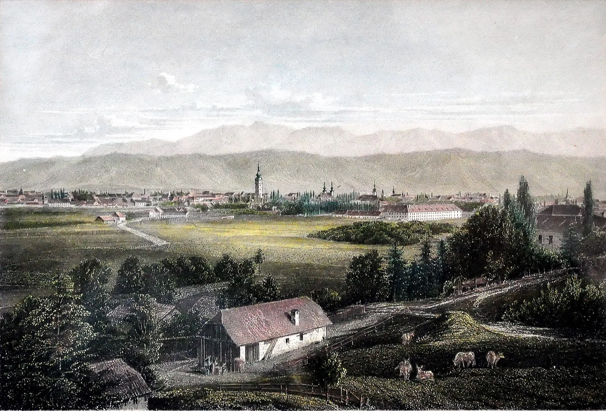 Photo showing: Historical painting with view from the Sankt Primus Weg near the Castle Zigguln, Klagenfurt, Carinthia, Austria