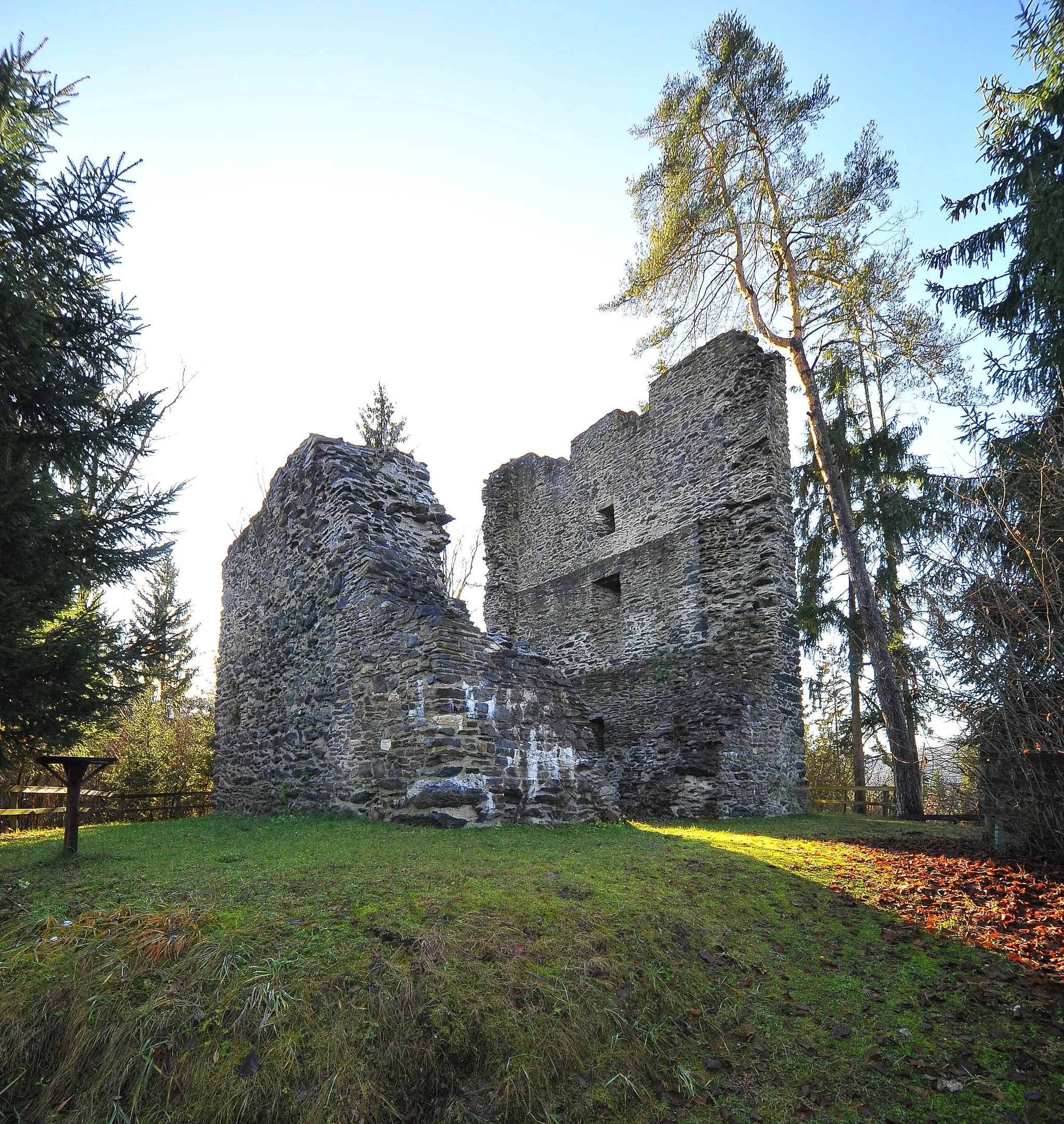 Photo showing: Donjon of the castle ruin Arnulfsfeste in the municipality Moosburg, district Klagenfurt Land, Carinthia, Austria