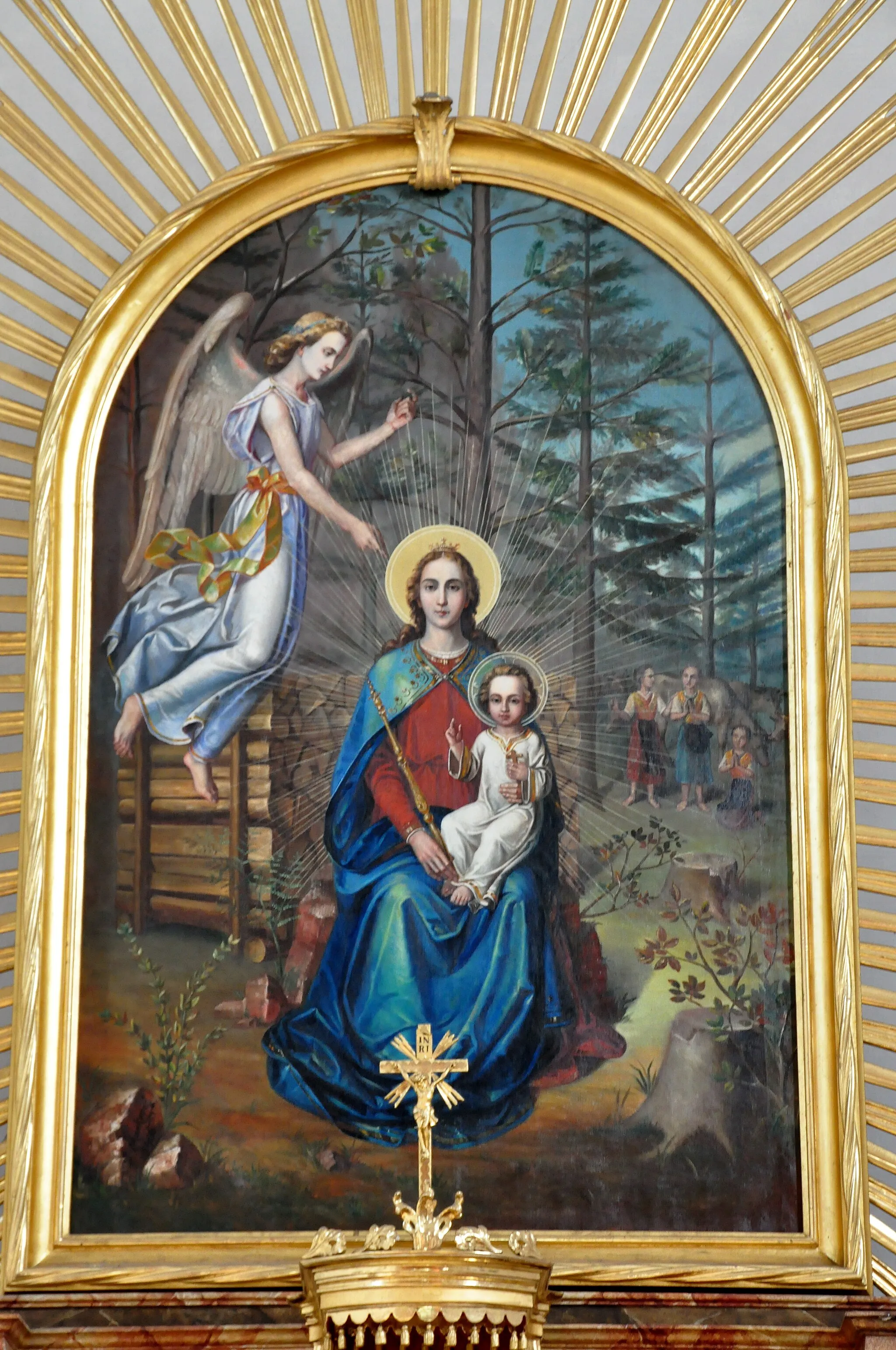 Photo showing: Painting of Madonna and Child (painter Peter Markovič 1906) on the main altar of the subsidiary church “Holy Mary in the forest” at Dolina, market town Grafenstein, district Klagenfurt Land, Carinthia / Austria / EU