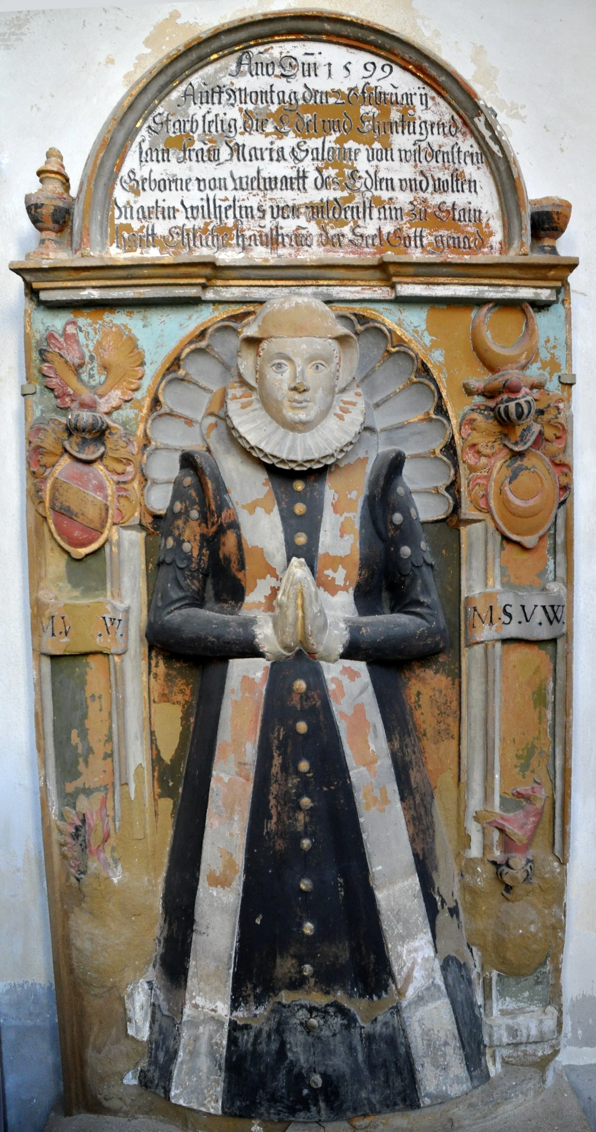 Photo showing: Oettingen in Bayern, Evangelische  Stadtpfarrkirche St. Jakob, Epitaph Maria Salome von Wildenstein geb. von Wöllwarth († 1599) (Nr. 23 im Peda-Kunstführer)