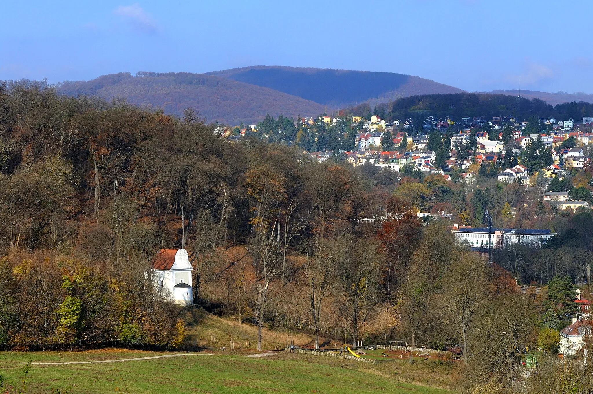 Photo showing: Blick über die Nikolaiwiese auf die Nikolaikapelle im Lainzer Tiergarten.