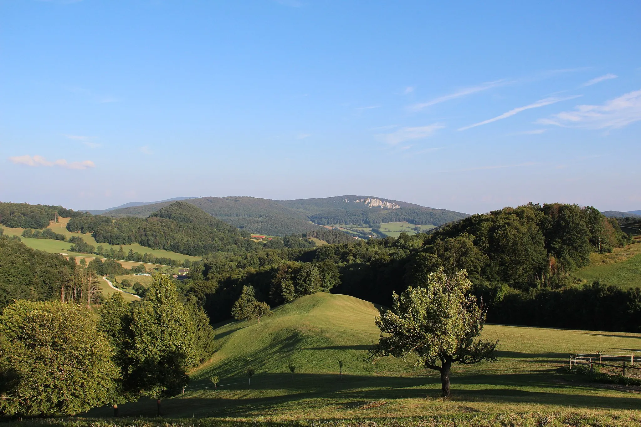 Photo showing: Peilstein und umgebender Wienerwald vom Wimmerhof in Nöstach (Nordwesten) aus gesehen