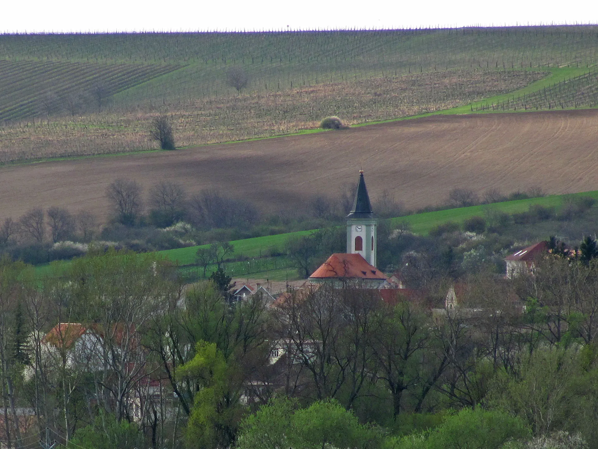 Photo showing: view Úvaly from Valtice (with the church of St. Stanislav Kostka)