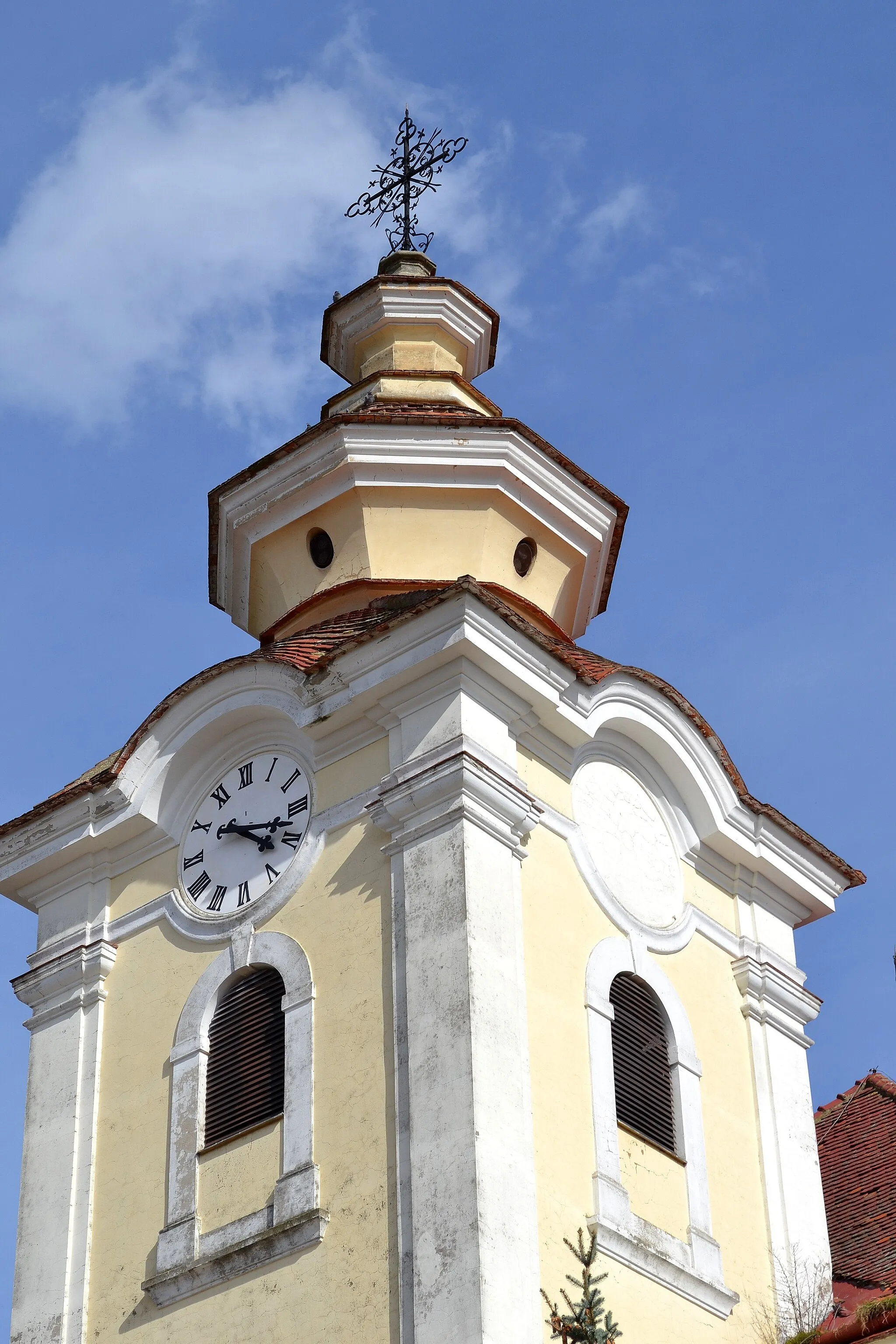 Photo showing: Moravský Svätý Ján (okr. Senica), Kostol svätého Jána Krstiteľa; detail veže