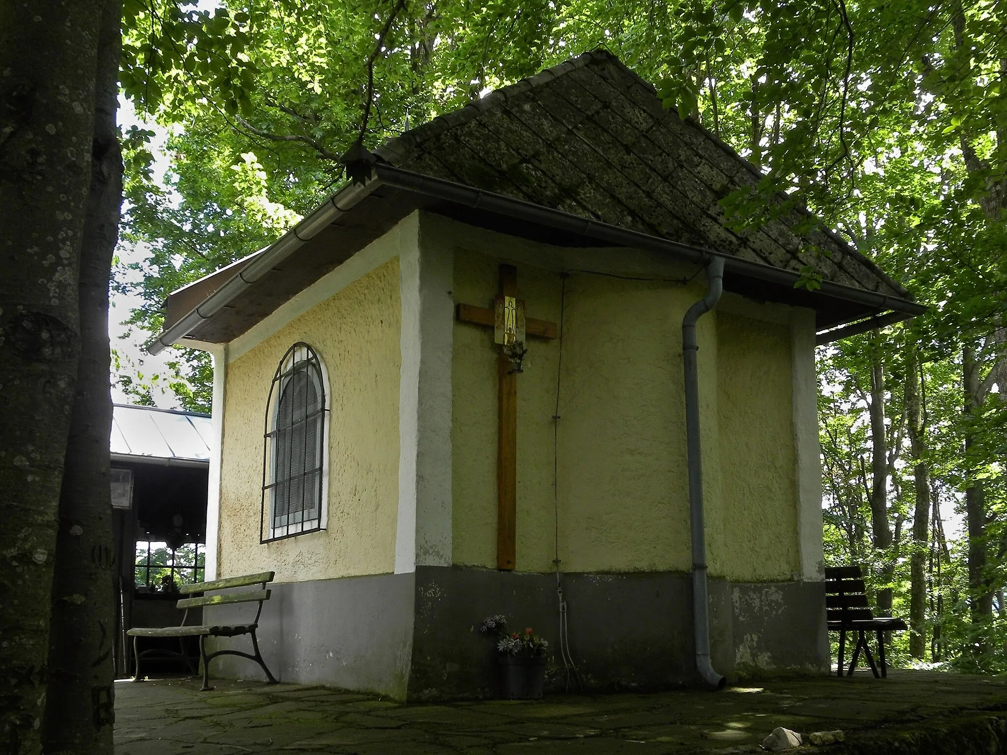 Photo showing: Die rechteckige Kapelle wurde 1852 auf einem hoch gelegenen Plateau des Buchenberges gebaut und 1921 sowie 1966 renoviert. Eine flache, stark eingezogene Apsis, eine vorkragende Giebelmauer, Rieselputzfassaden mit Putzfaschen und Lünettenfenstern sowie ein Satteldach prägen das Äußere. In der Kapelle befinden sich eine Madonnenstatue, ein Kruzifix und Votivbildchen aus der zweiten Hälfte des 19. bis Anfang des 20. Jahrhunderts, sowie eine volkstümliche Statue Maria Immatriculata aus dem 19. Jahrhundert. Ein Gitter ist mit der Jahreszahl 1931 bezeichnet.