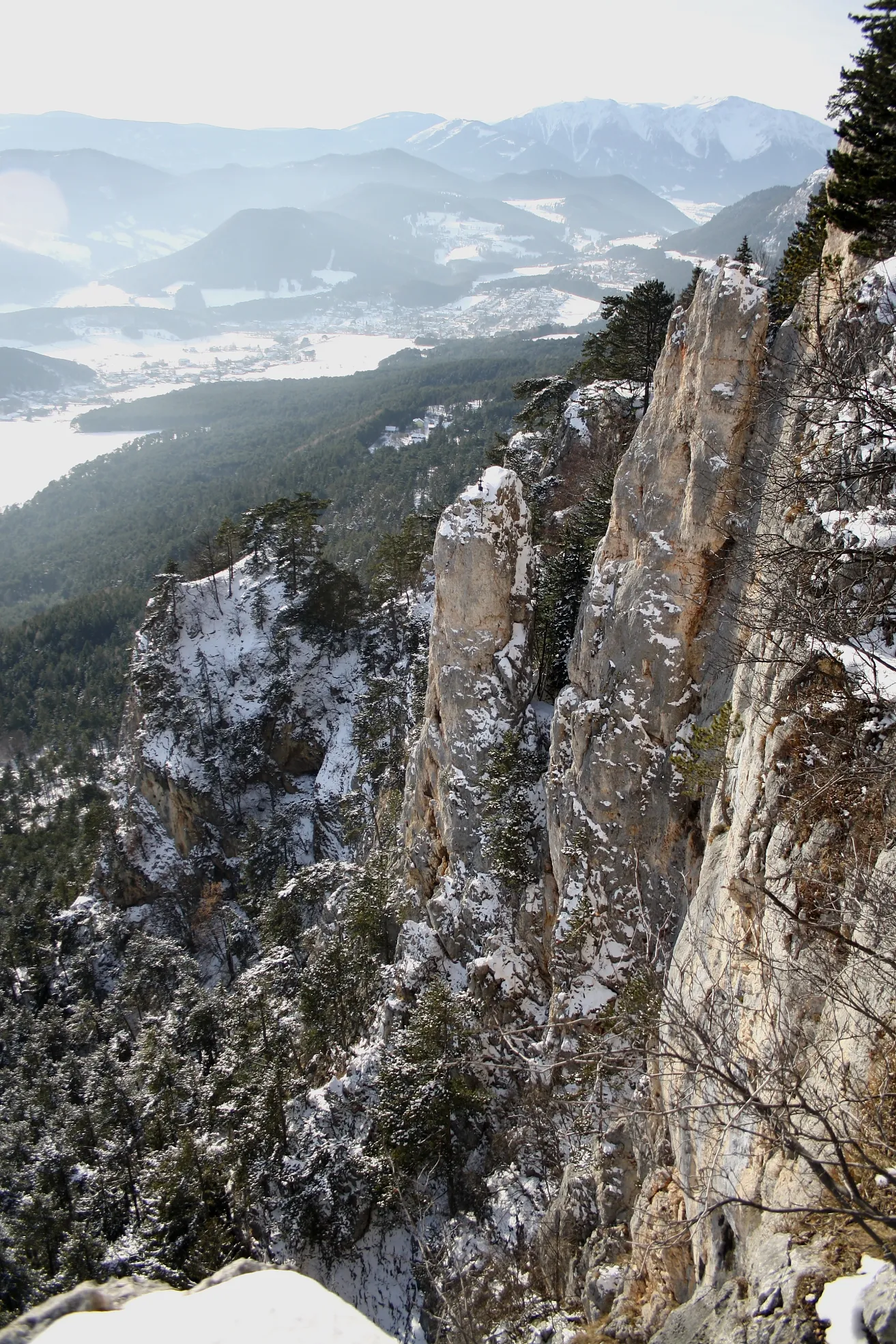 Photo showing: Die Hohen Wand Richtung Westen im Bereich zwischen dem Hubertushaus und der Großen Kanzel. Im Hintergrund (rechts) der Schneeberg.