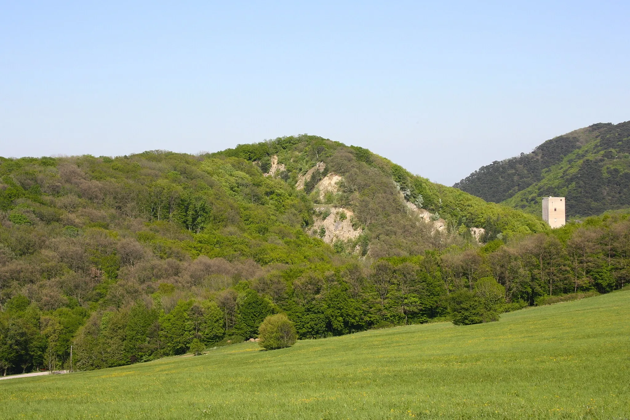 Photo showing: Eichkogel in Wien-Rodaun, Ansicht von Westen von der Wiese bei der Wiener Hütte in Kaltenleutgeben. Betonturm des Zementwerks Rodaun rechts unterhalb des Gipfels.