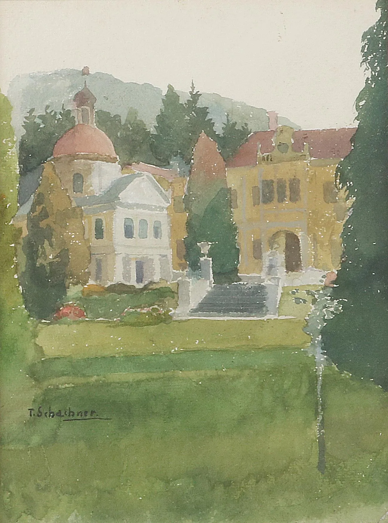 Photo showing: Schloss Neubruck bei Scheibbs, signiert T. Schachner, Aquarell auf Papier, 23,5 x 18 cm