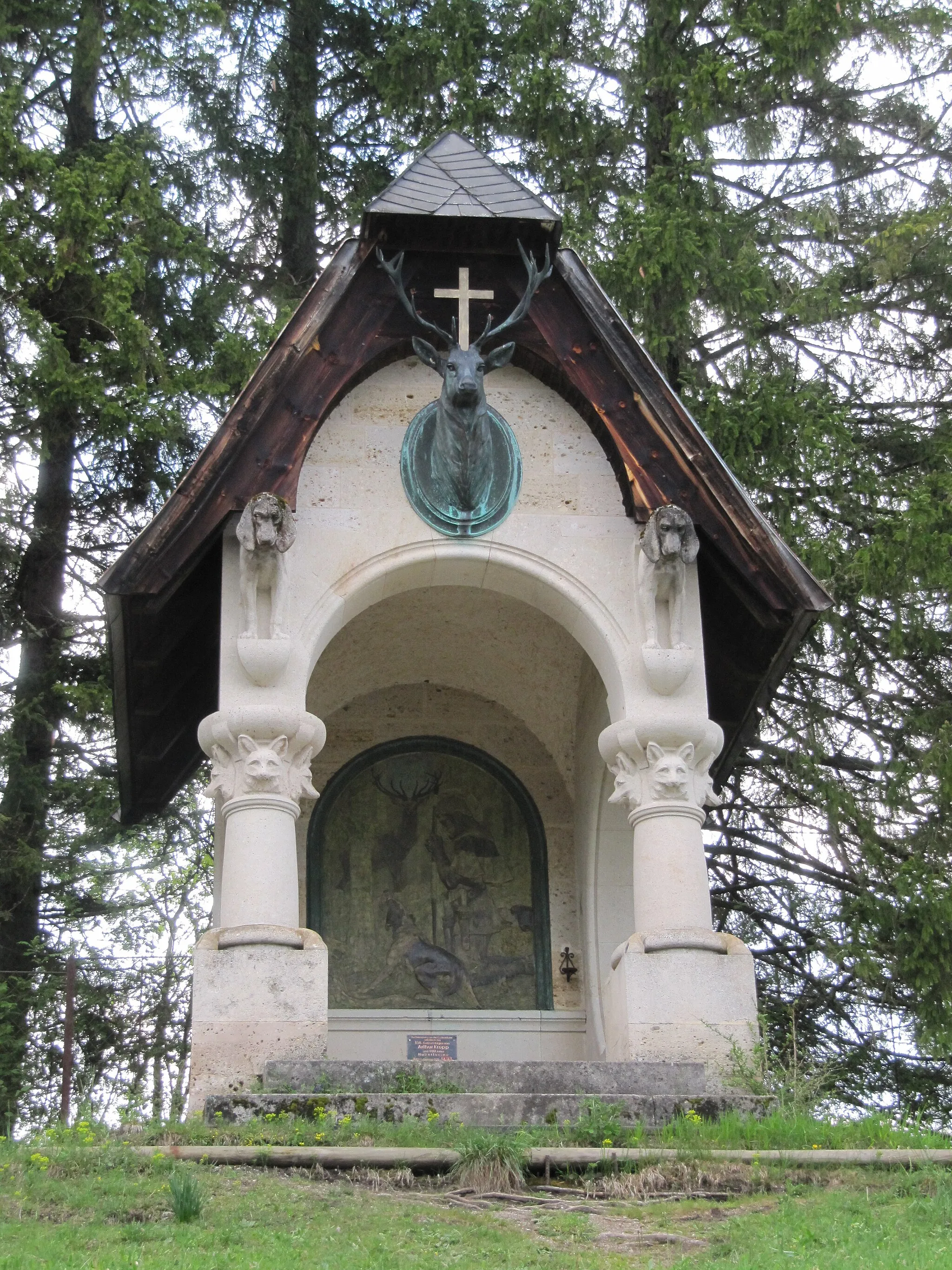 Photo showing: Hubertus chapel near Lake Hubertus, Halltal, Mariazell, Styria, Austria.