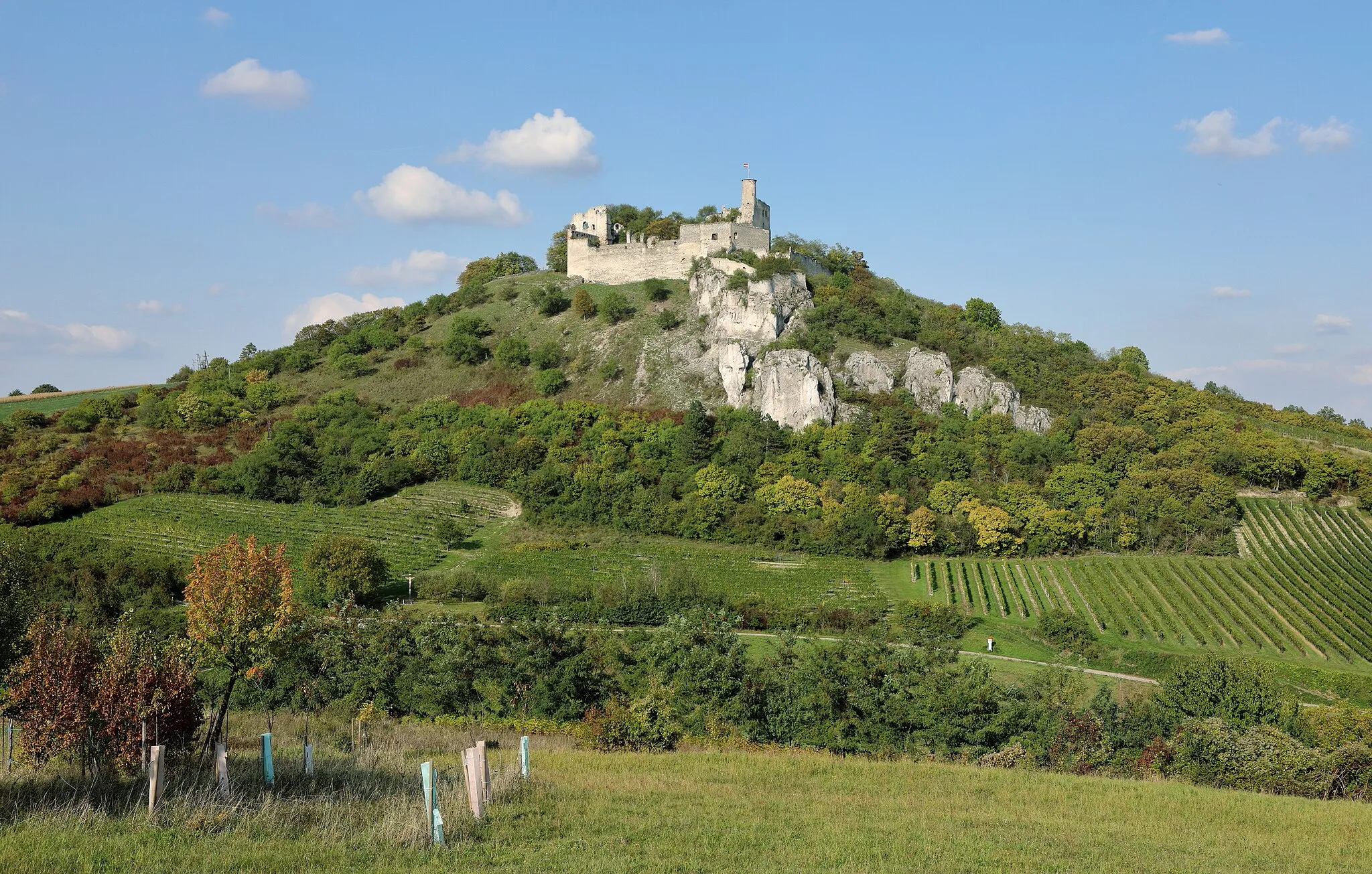 Photo showing: Südansicht der Burg Falkenstein in der niederösterreichischen Marktgemeinde Falkenstein. Die Burg wurde auf einer Kalkklippe nordwestlich des Ortes vermutlich um 1050 errichtet und in mehreren Bauphasen erweitert. Ab Ende des 16. Jahrhundert wurde sie zu einem „Bergschloss“ umgebaut. 1645 erfolgte die Eroberung durch die Schweden im Zuge des Dreißigjährigen Krieges. Später wurde die Burg bis zur Abmauerung des Burgtores um 1820 als „Steinbruch“ für billiges Baumaterial genutzt.