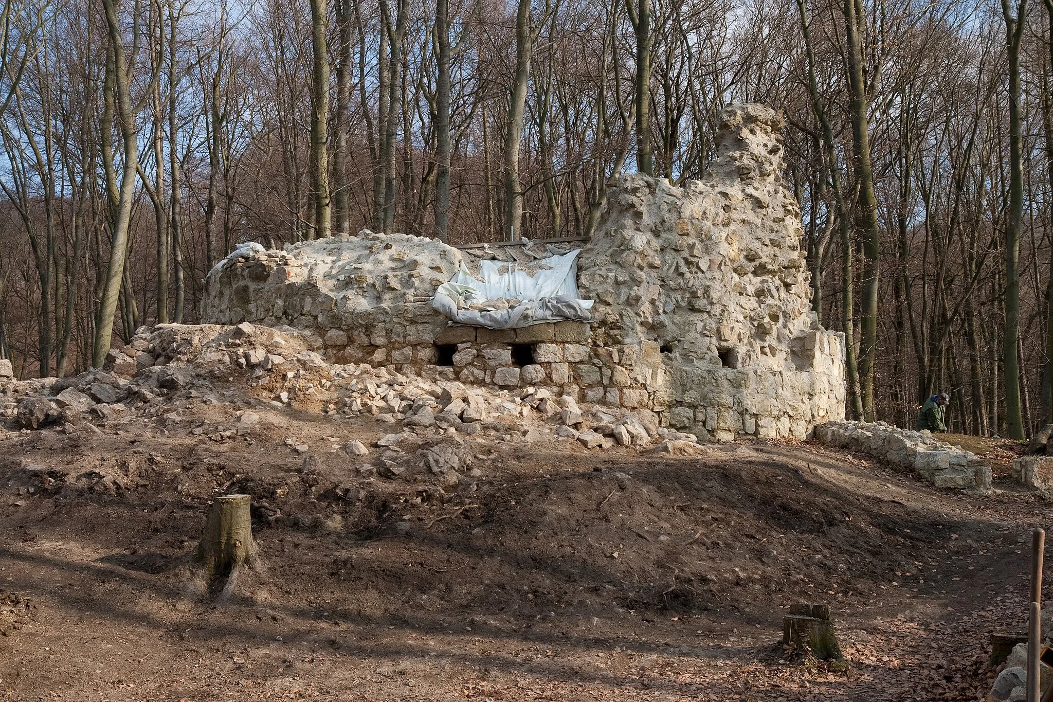 Photo showing: Ruin of the castle keep after the archaeological excavation in March 2013, seen from northwest.