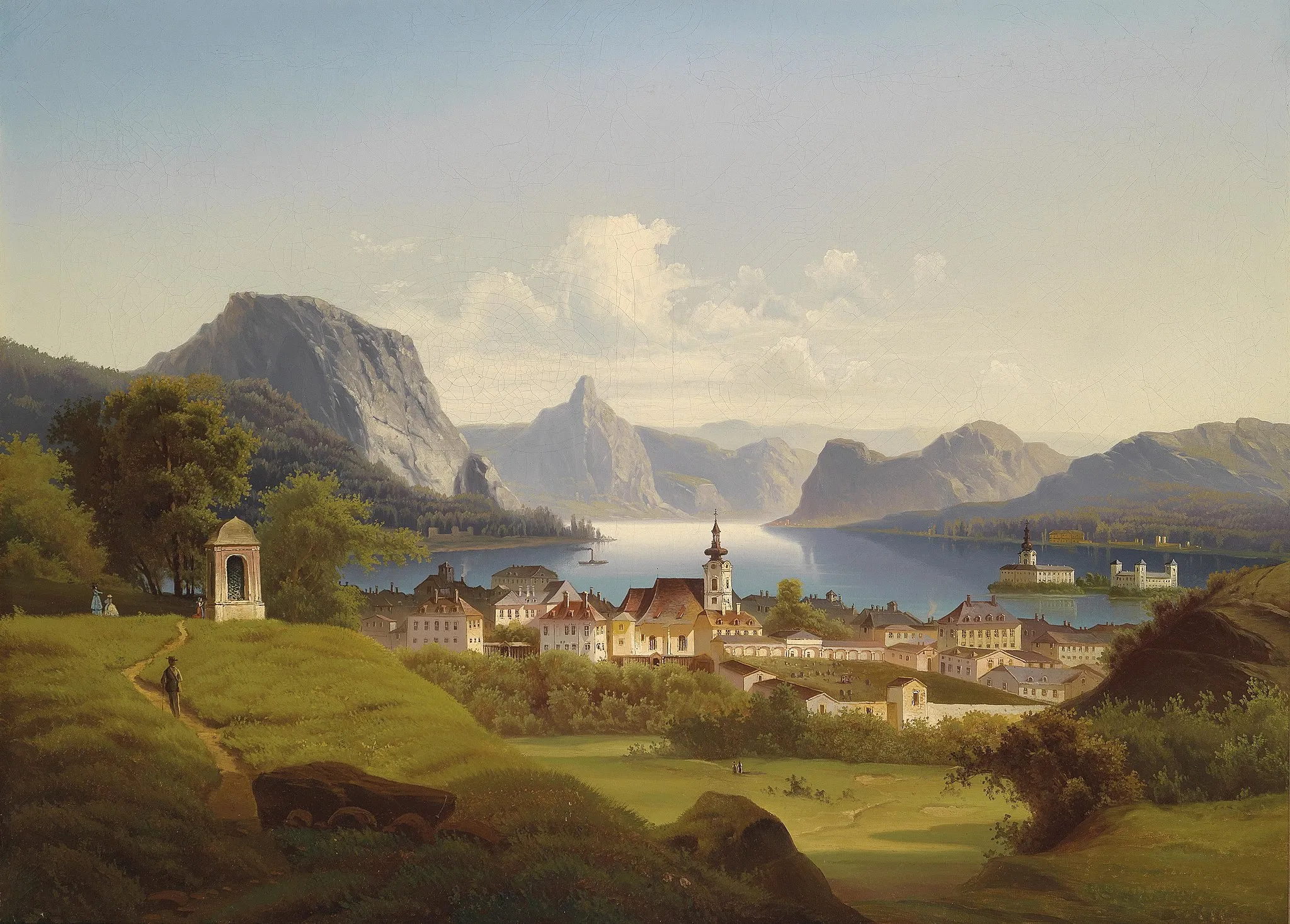 Photo showing: Blick auf Gmunden mit Schloss Ort im Hintergrund, Öl auf Leinwand, 73,5 x 100,5 cm