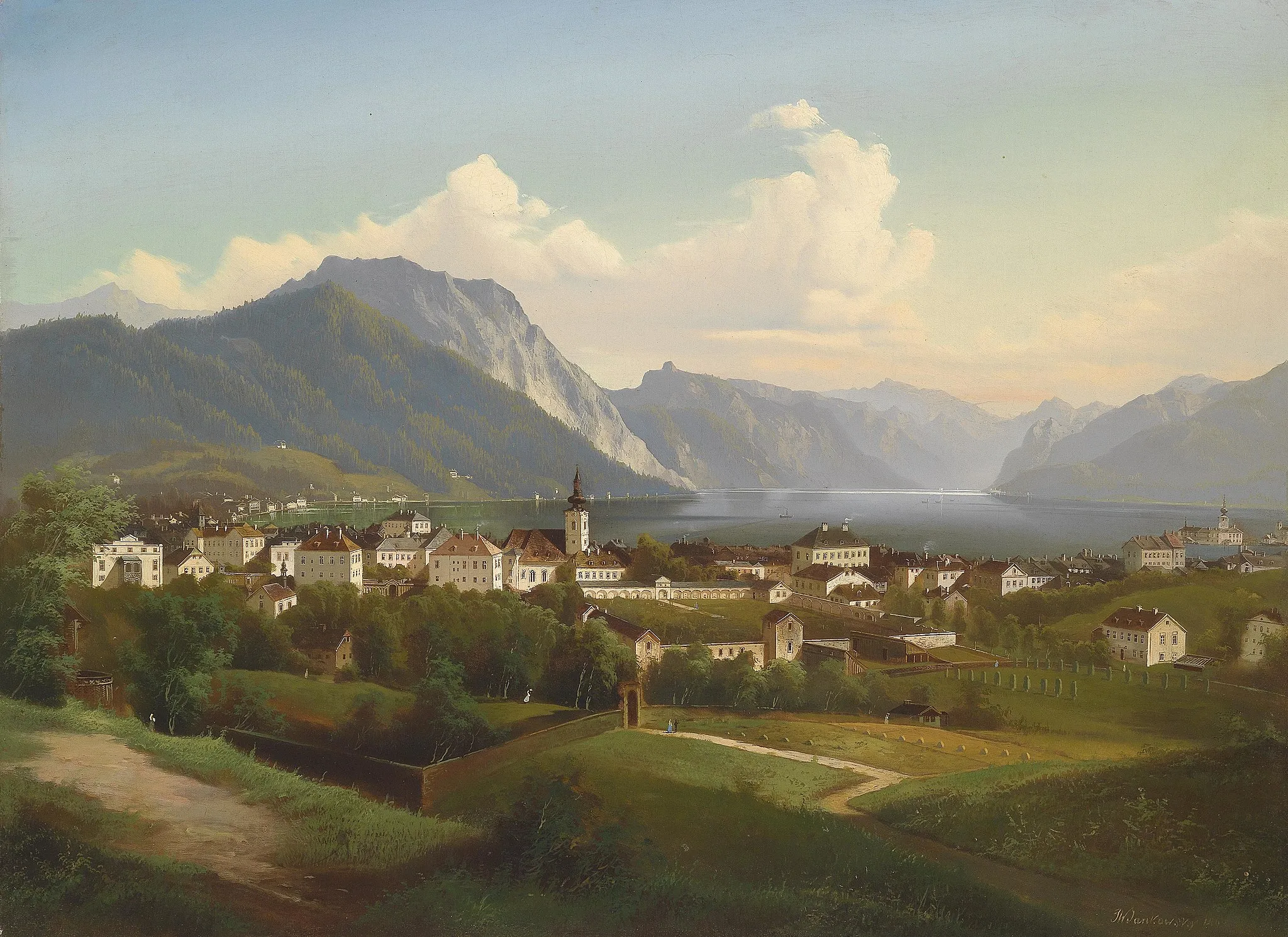 Photo showing: Blick auf Gmunden und Schloß Orth am Traunsee, signiert und datiert J. W. Jankowsky 1860, Öl auf Leinwand, 73 x 100 cm