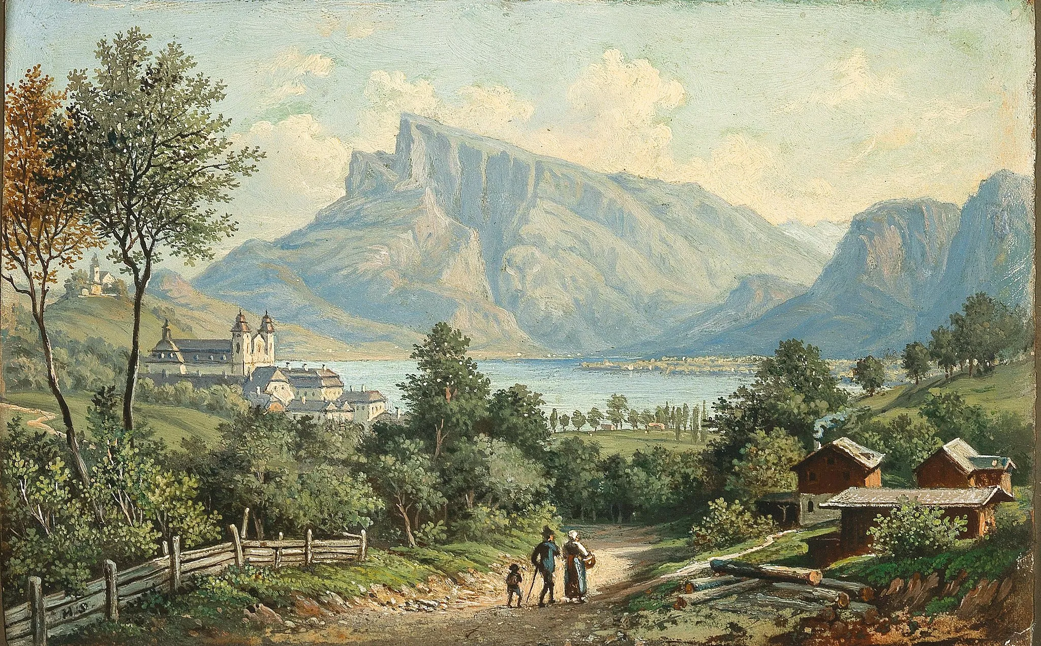 Photo showing: Blick auf Kloster Mondsee und die Drachenwand, monogrammiert H. S., Öl auf Papier auf Karton, 12,5 x 18,5 cm