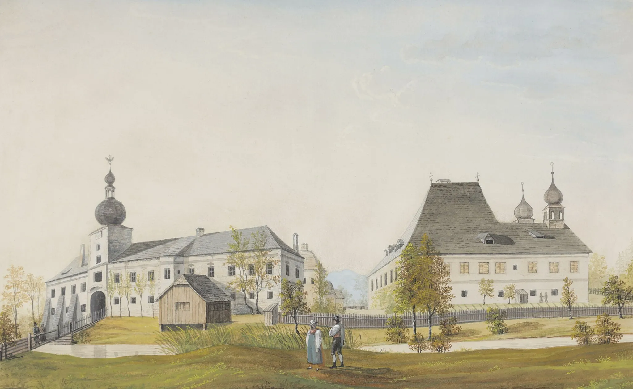 Photo showing: Ansicht des Schlosses Irnharting, am Unterkarton signiert: Jos. Eberl pinxit., Aquarell und Deckweiß über Bleisttift auf Papier, Blattgröße ca. 22,5 x 35,8 cm,